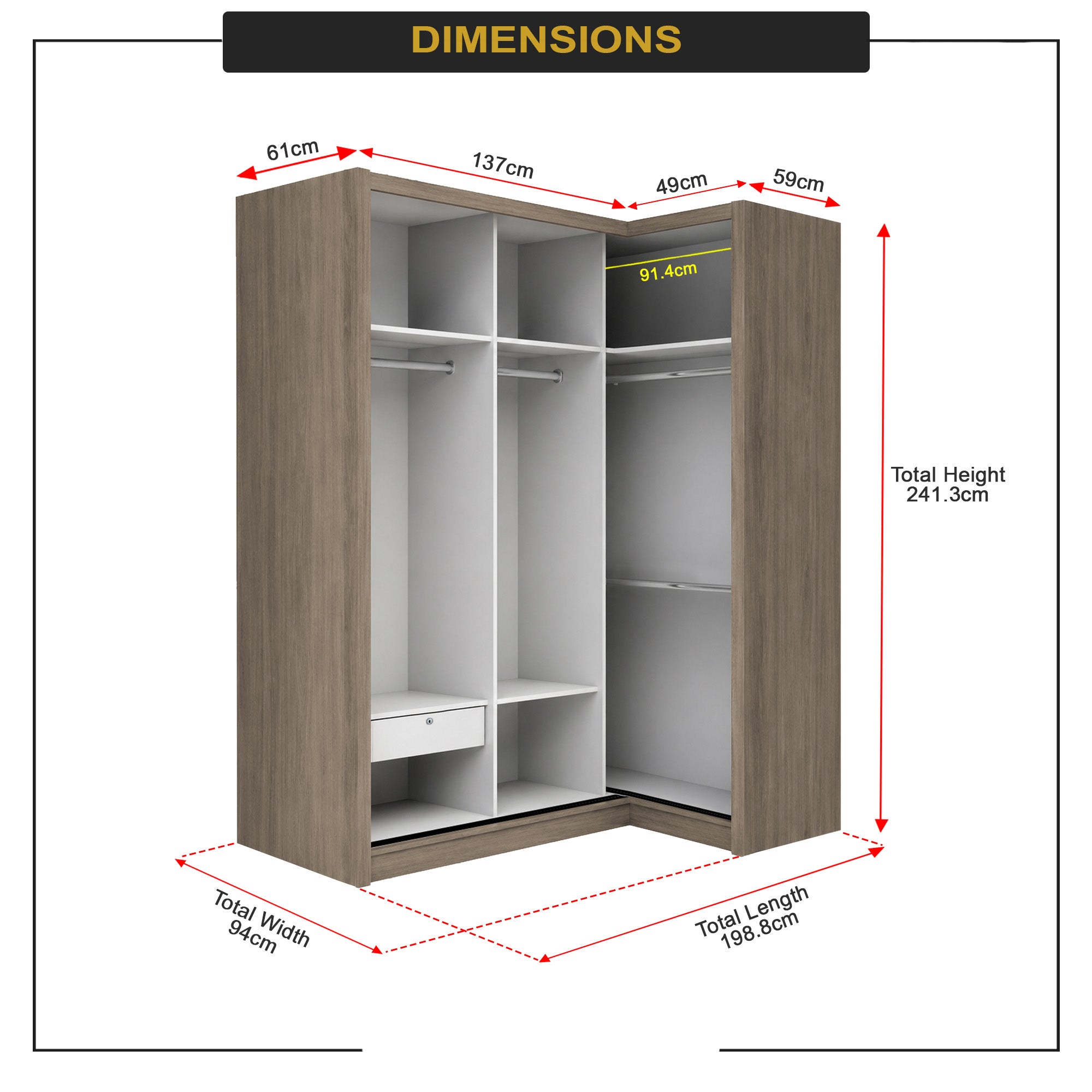 Baden Sliding Door L Shaped Corner Wardrobe with Mirror Door & Internal Drawer w/ Lock in 3 Color