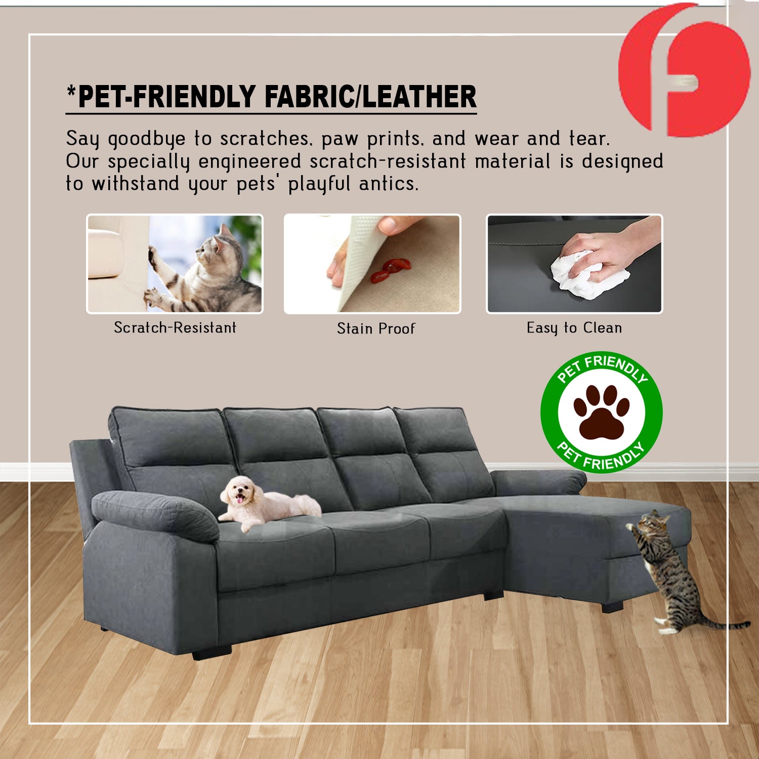 Rehan 4 Seater High Back L-Shaped Sofa in 47 Colour - w/ Pet Friendly Fabric/Leather