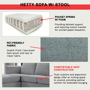 Hetty 3-Seater / 4-Seater Sofa with Stool in Pet-Friendly Fabric 16 Colours