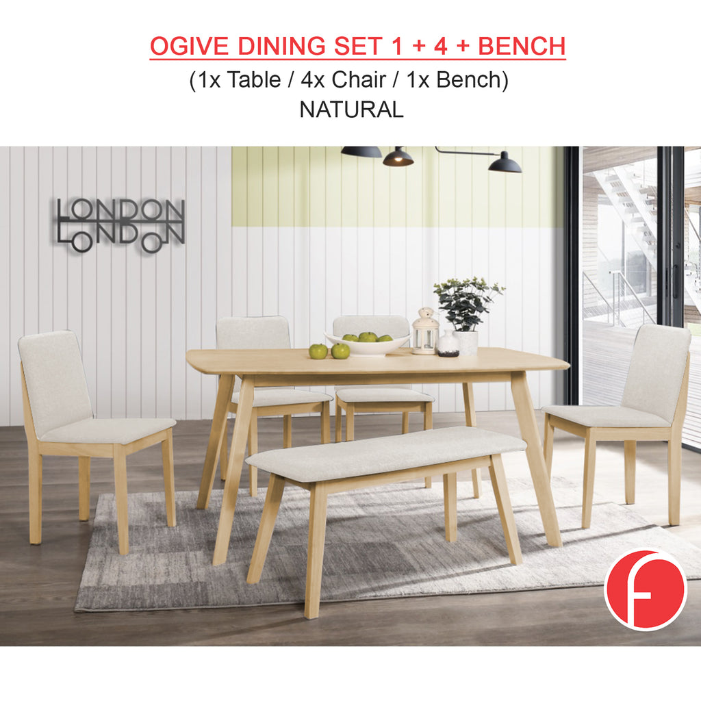 OGIVE 1+4 Dining Set Table with Chair & Bench Pet-Friendly Fabric in Natural & Walnut Color