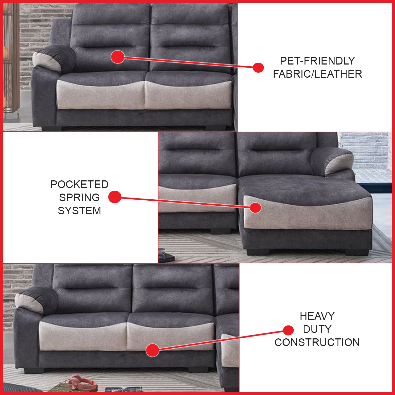 Relah Series L-Shaped Sofa in Left/Right Chaise PetFriendly Fabric/Leather