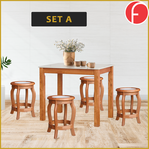 Image of Lucas Dining Set w/ Table and Stools 1+4 in Solid Wood Natural Marble Top Cherry/Walnut