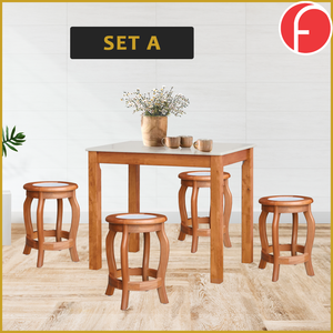 Lucas Dining Set w/ Table and Stools 1+4 in Solid Wood Natural Marble Top Cherry/Walnut