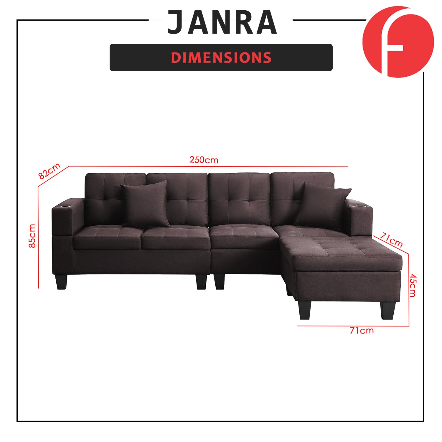 Janra Reversible Sofa in Dark Brown Faux Leather w/ Cup Holder