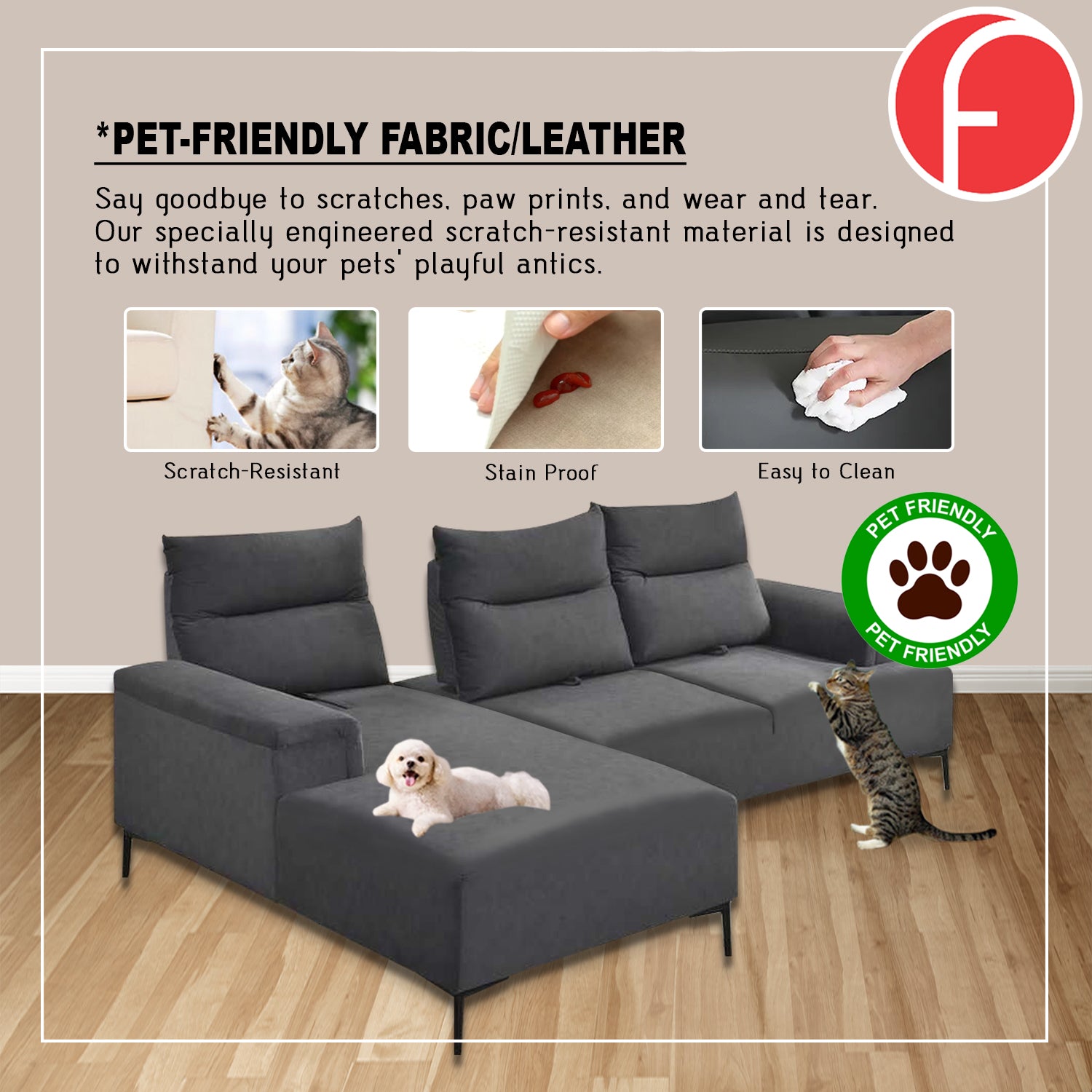 Luis Left/Right Pushback L-Shaped Sofa PetFriendly Fabric Pocket