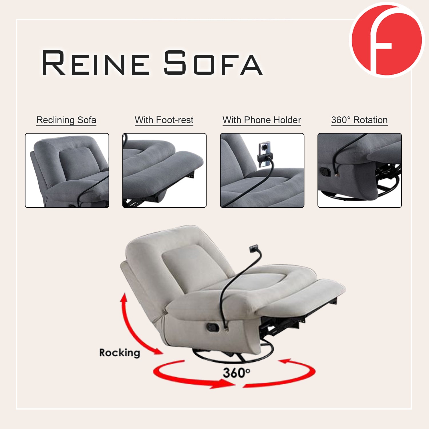 Reine 1-Seater Recliner Rocking Sofa with Phone Holder - PetFriendly in 2 Colours