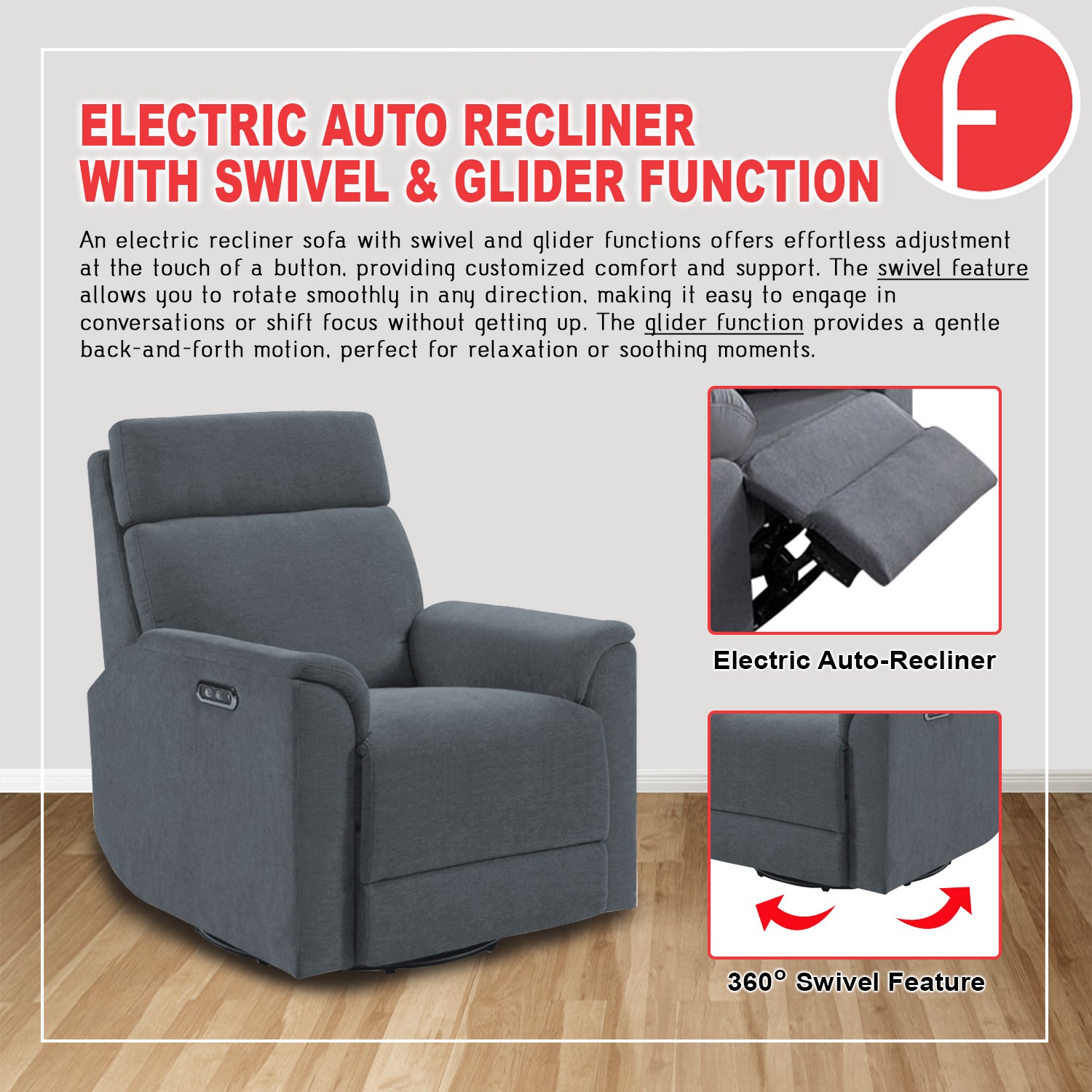 Relazo Single Electric Swivel Recliner Sofa w/ USB Type-C Charging Port PetFriendly (Model B)