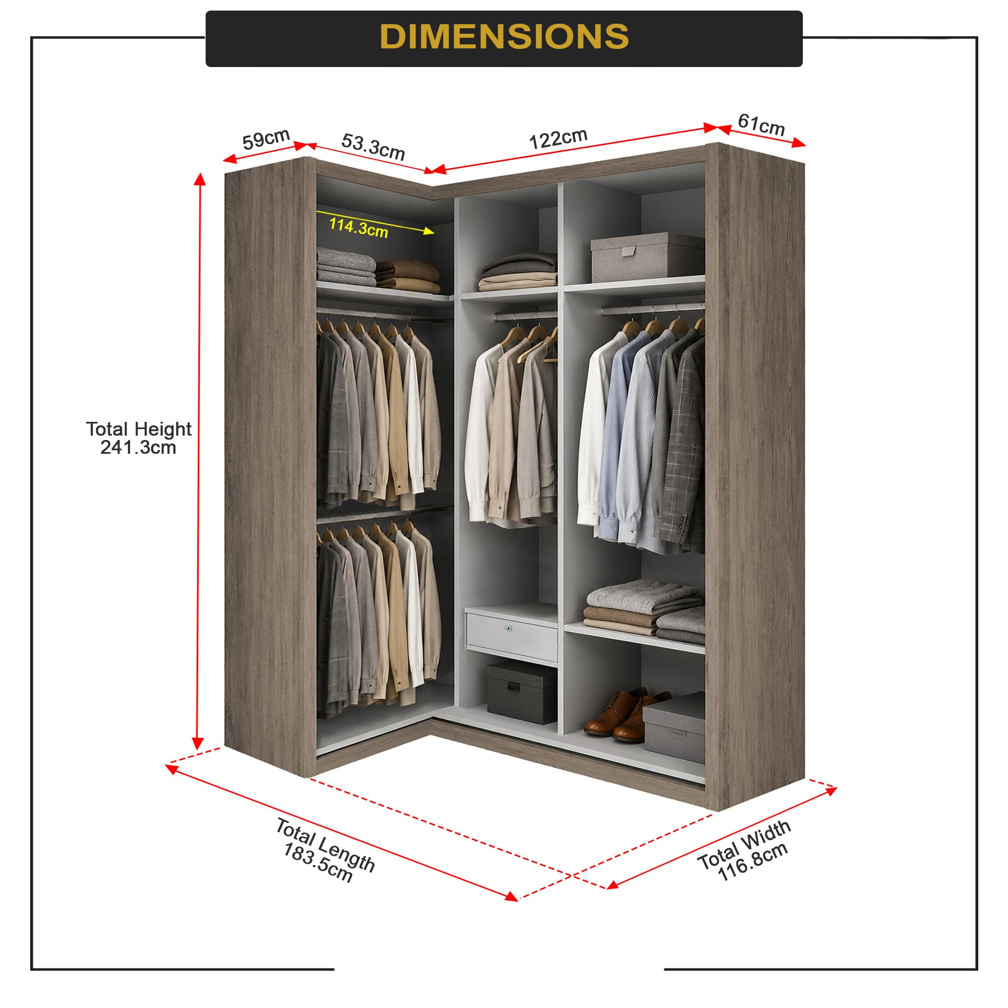 Ansan Sliding Door Corner Wardrobe with Top Compartment with Drawer w/ Lock in 3 Colour