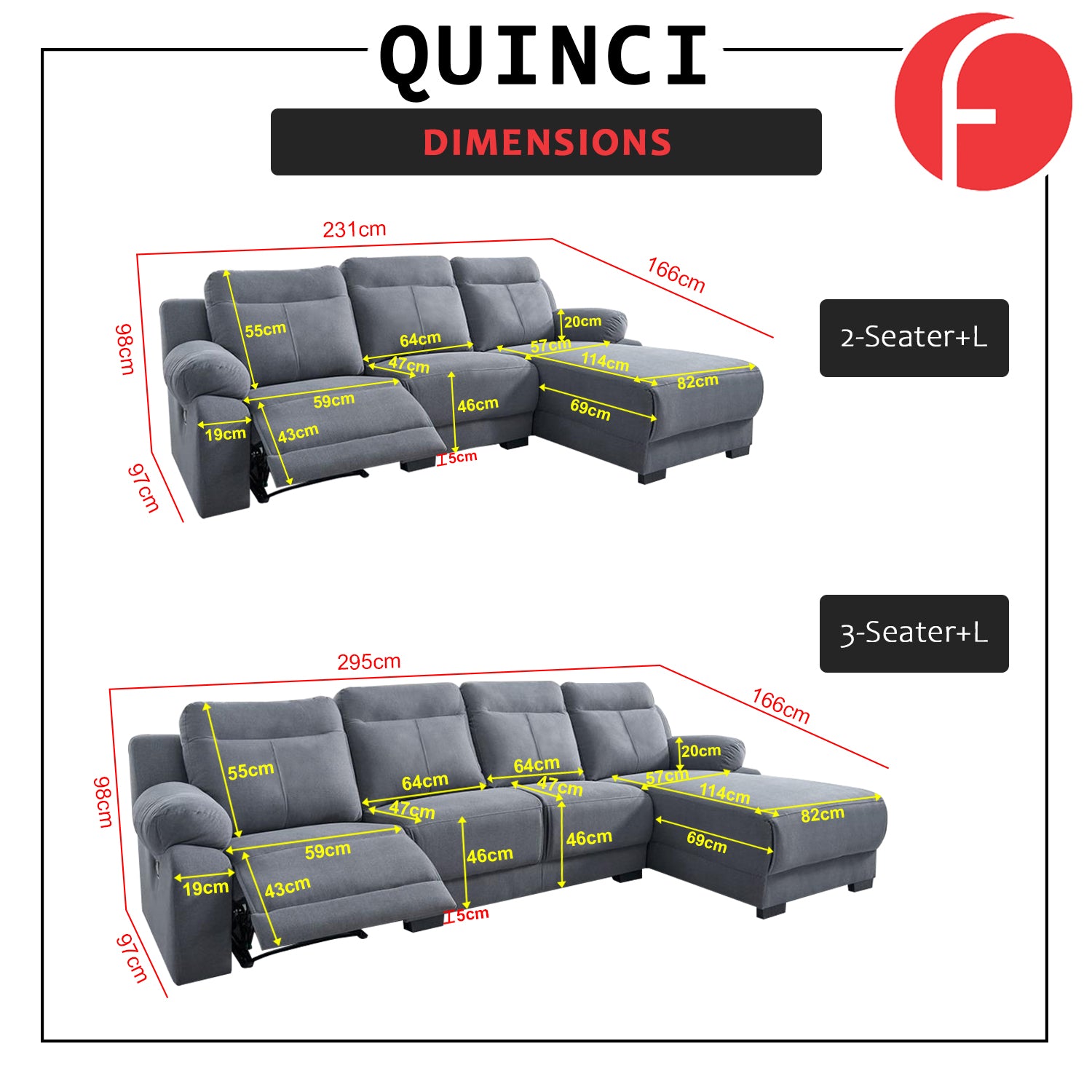 Quinci Series 2/3-Seater L-Shaped Recliner Sofa & Coffee Table in 47 Colour - PetFriendly Fabric Option