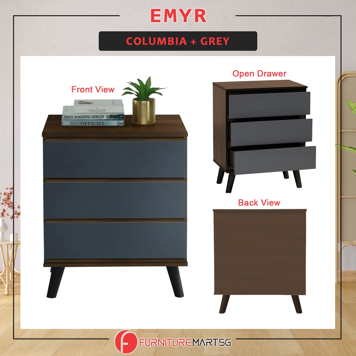 Emyr Series Premium Chest of 3 Drawers Collection Full Laminated Back Panel in 6 Colours