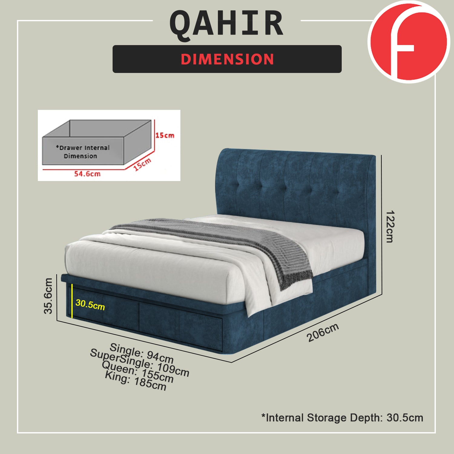 Qahir 14" Depth Storage Bedframe w/ Drawer PetFriendly - With Mattress All Sizes