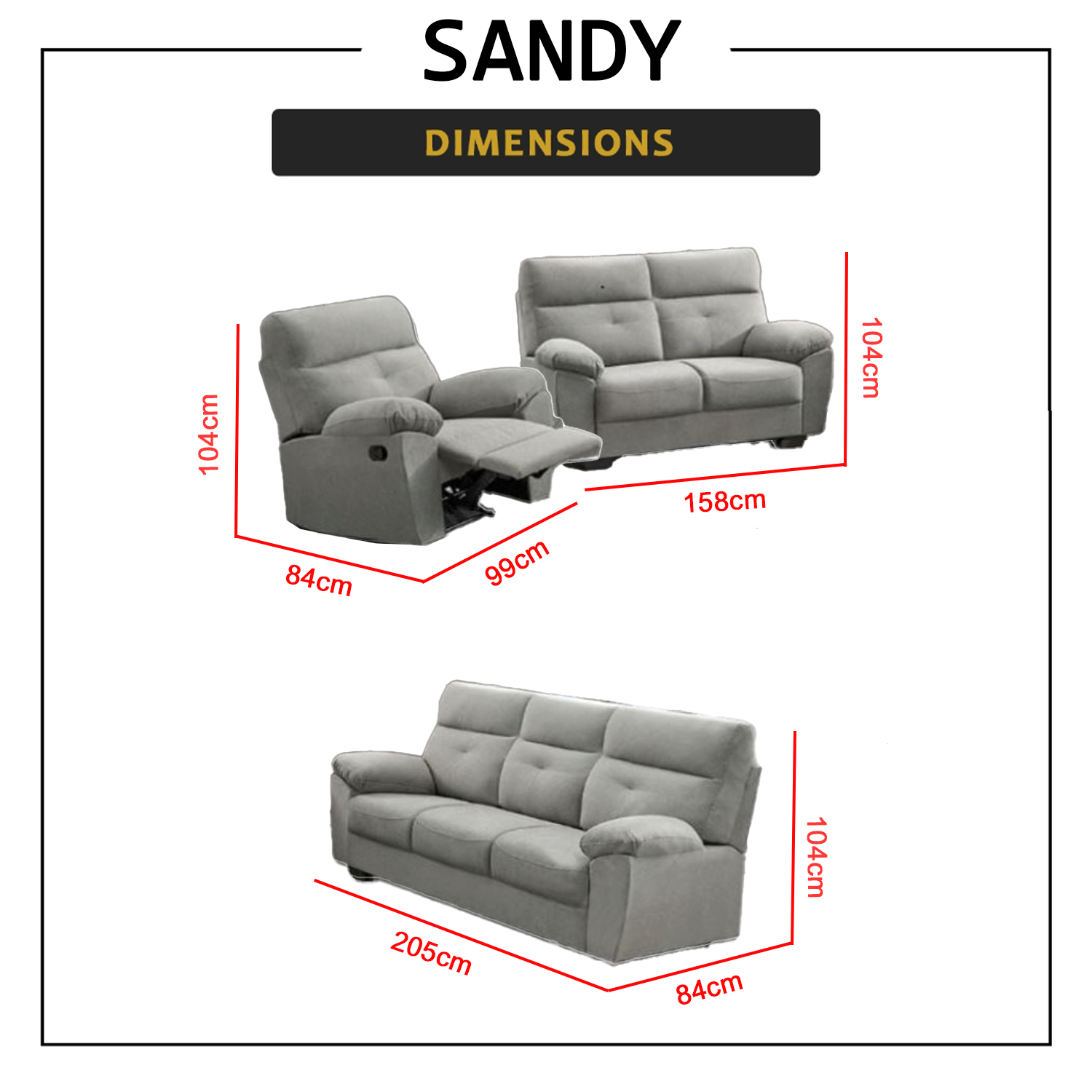 Sandy 1/2/3 Recliner Seater Sofa in 34 Colour - w/ PetFriendly Fabric/Leather