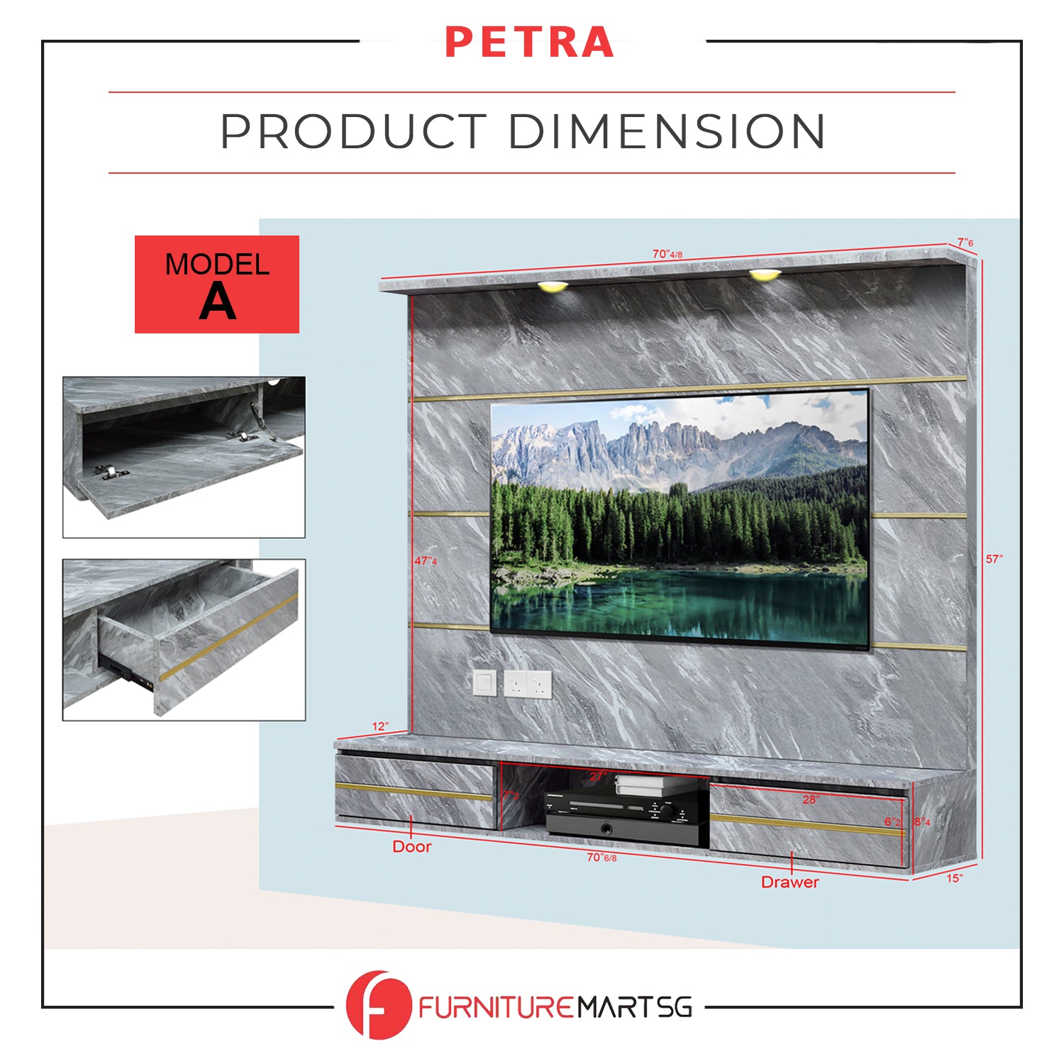 Petra Series Wall Mount TV Console Marble Finish with Light and Built-in Socket in 3 Models