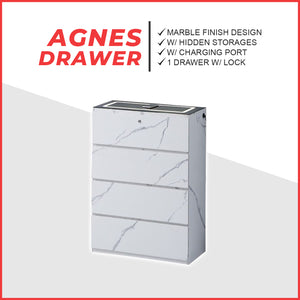 Agnes Series Chest of Drawer with Charging Port and Hidden Compartment in Marble White