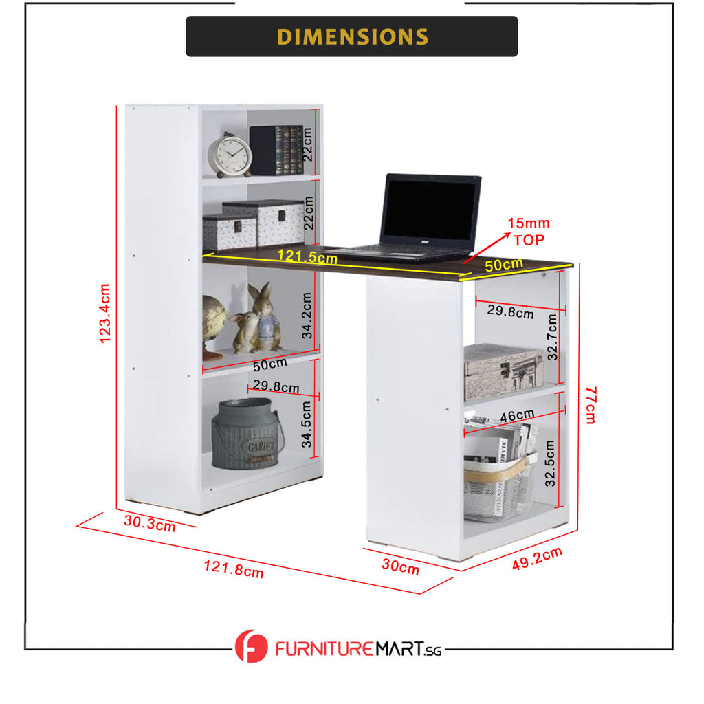 Elias Study Computer Office Table with Shelves Cabinet in 4 Colours