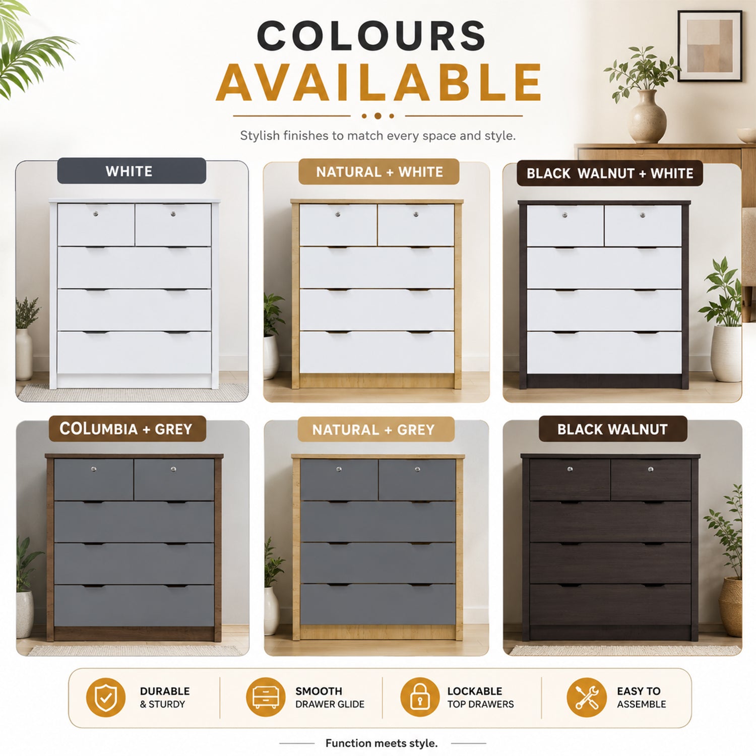 Flori 5-Drawers CARB-P2 Certified Board Chest of Drawers Full Laminated Back Panel