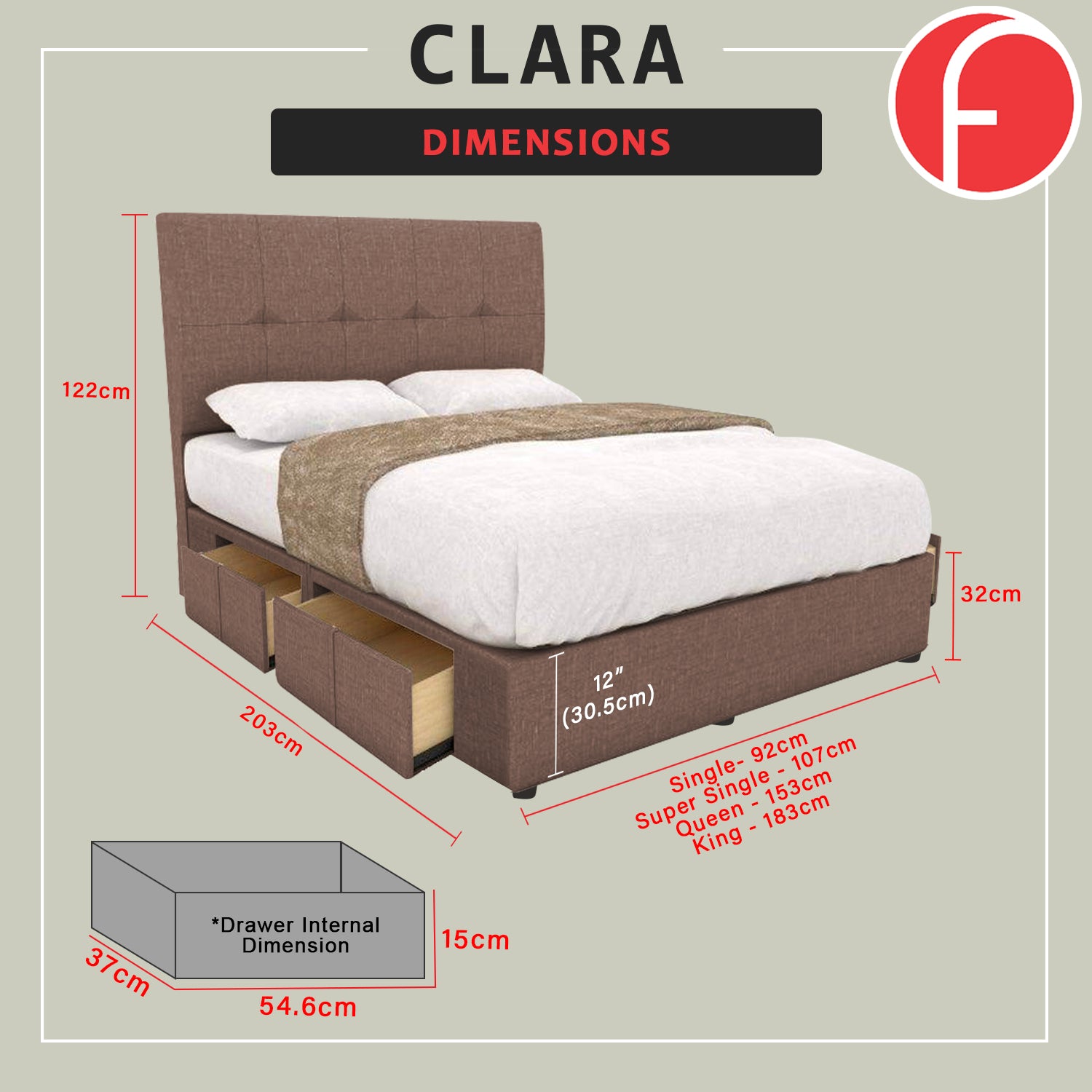 Clara Drawer Bedframe Storage Bed All Sizes - Pet-Friendly Option / Mattress Option