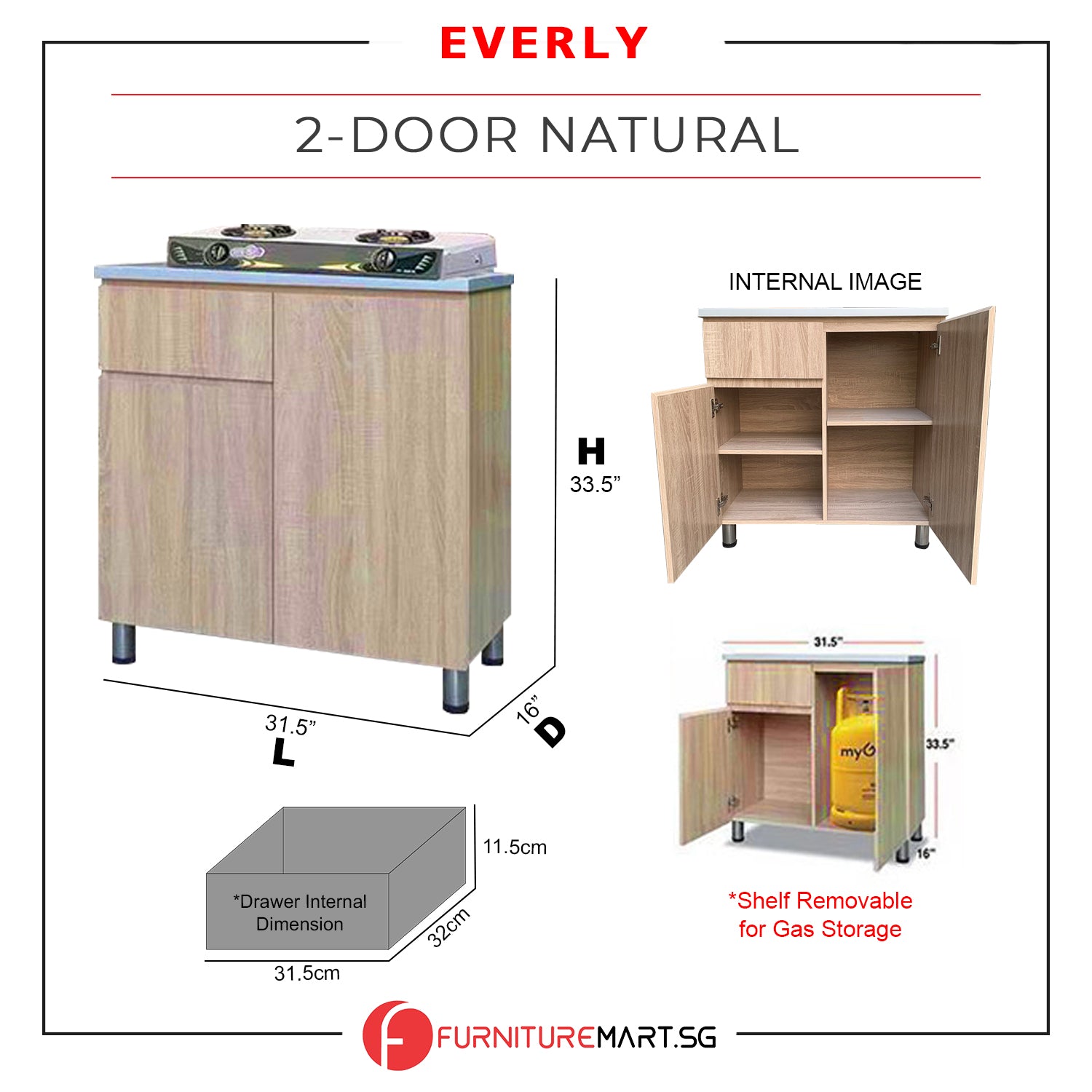 Everly 2 Door Natural Kitchen Cabinet Ceramic Tile Top with Gas Cabinet