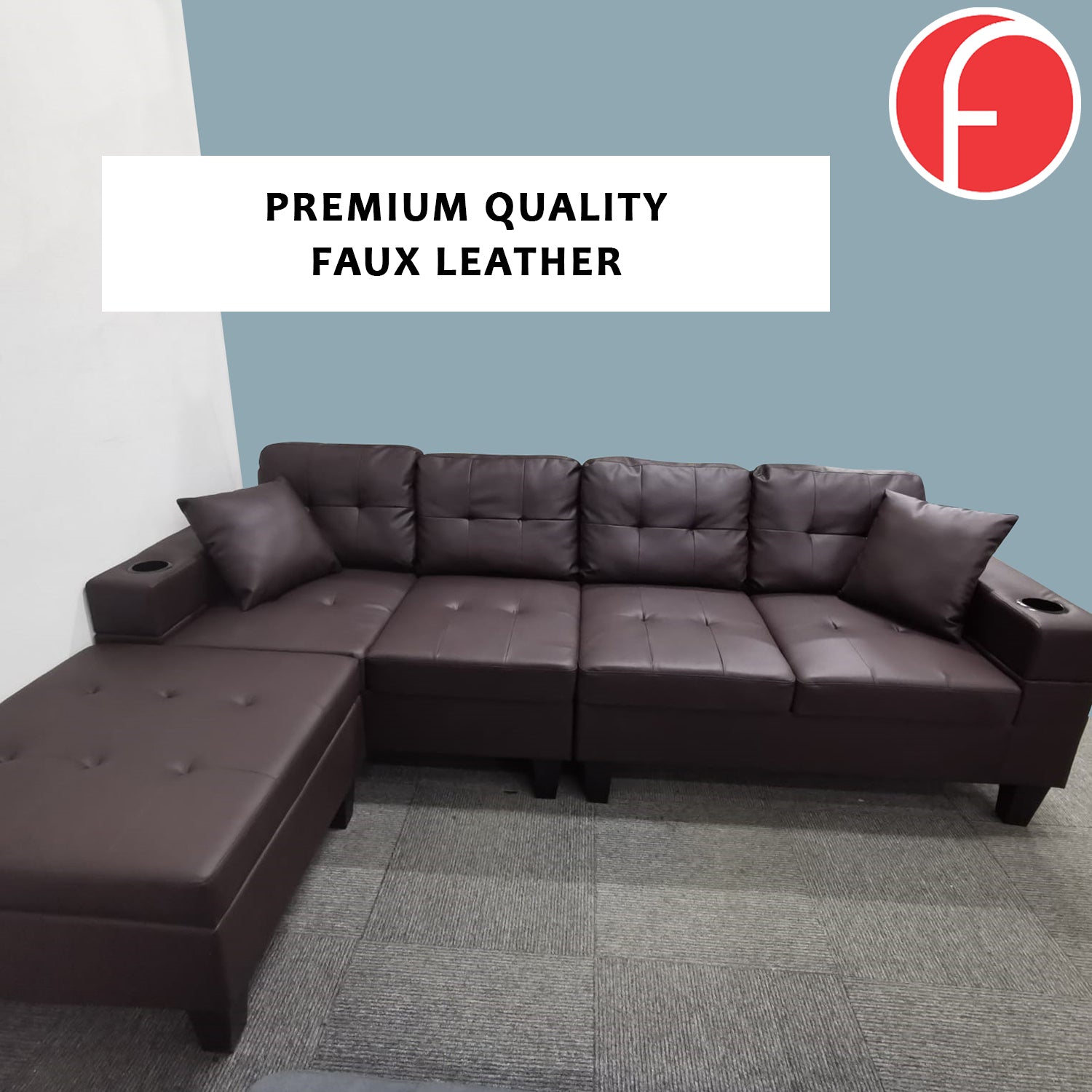 Janra Reversible Sofa in Dark Brown Faux Leather w/ Cup Holder