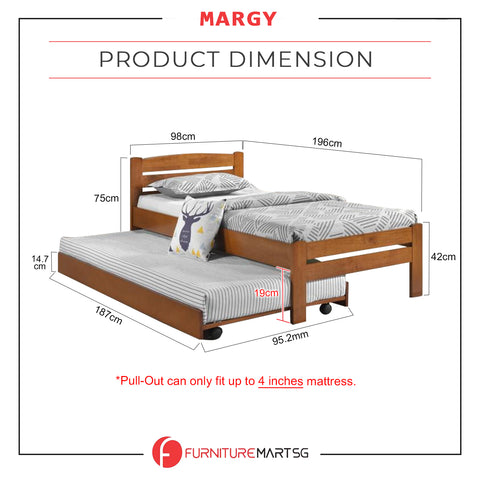 Image of Margy Single Size Solid Rubberwood Bed Frame Flat Plywood Base with Pull-out Bed w/ Mattress Option