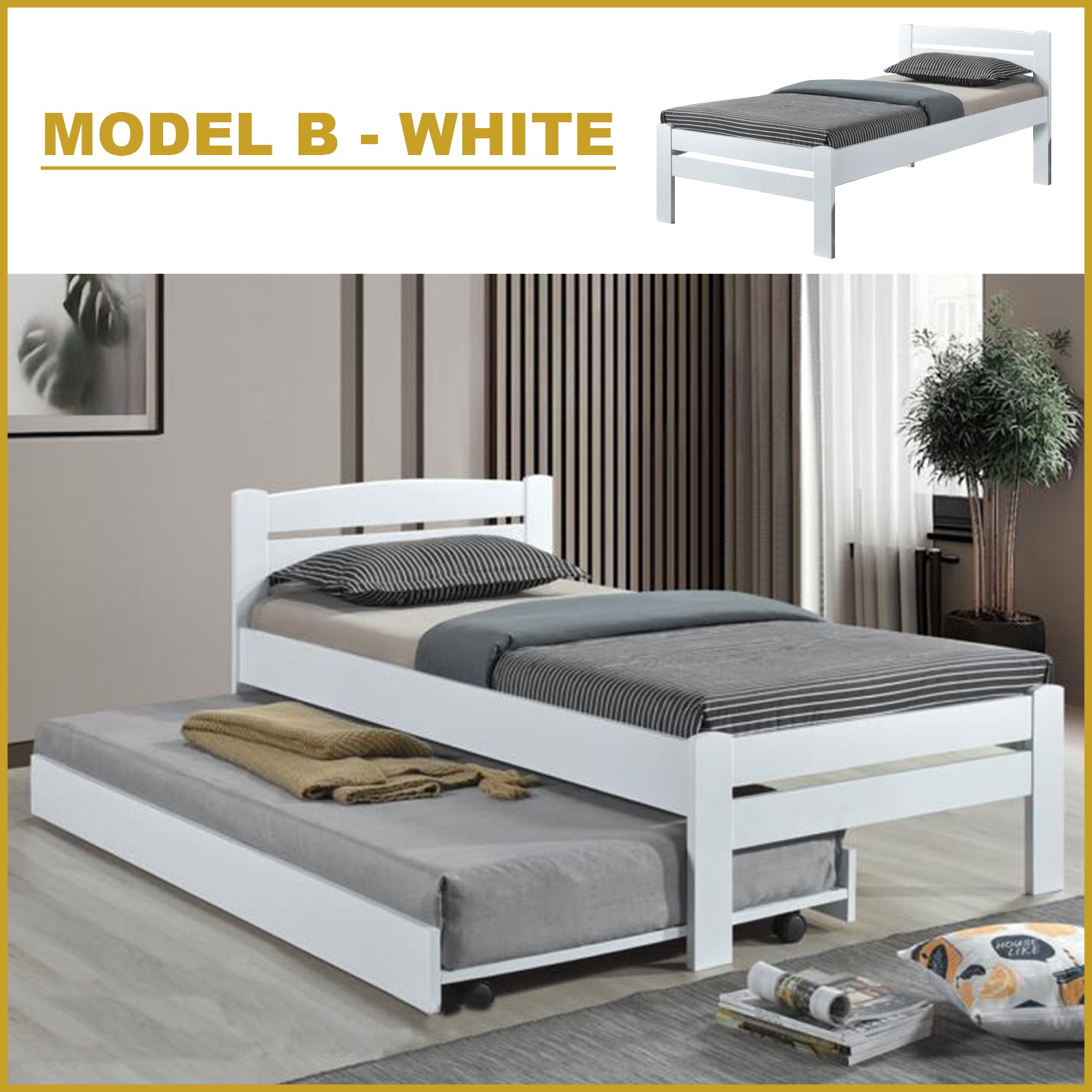 Isla Solid Rubberwood Bed Frame Flat Plywood Base with Pull-out Bed in Single White Color w/ Mattress Option