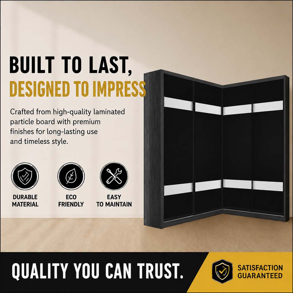 Calvi Sliding Door Corner Wardrobe with Black Glass Door & Internal Drawer w/ Lock