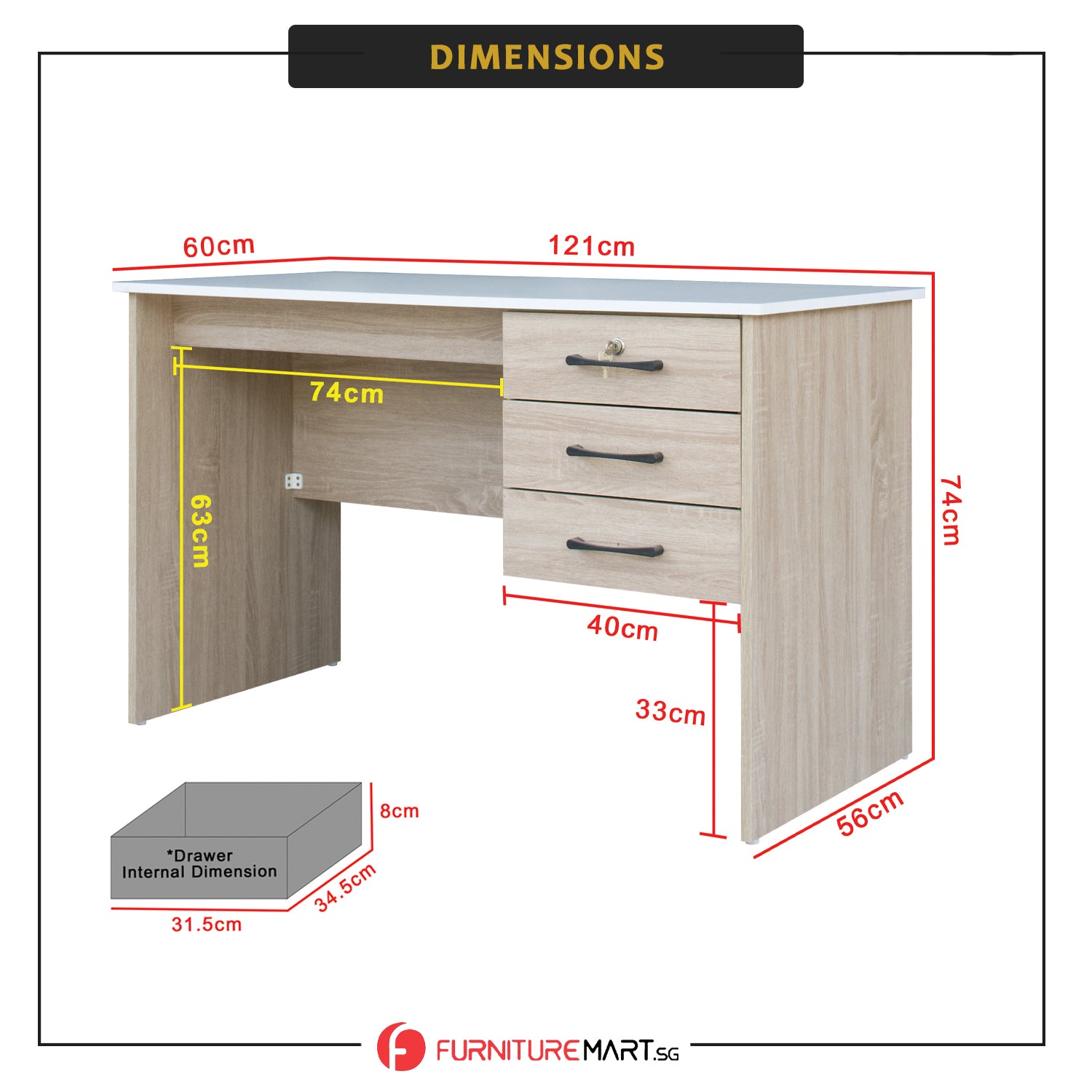 Derek Study Computer Office Table with Drawer w/ Lock in 4 Colours