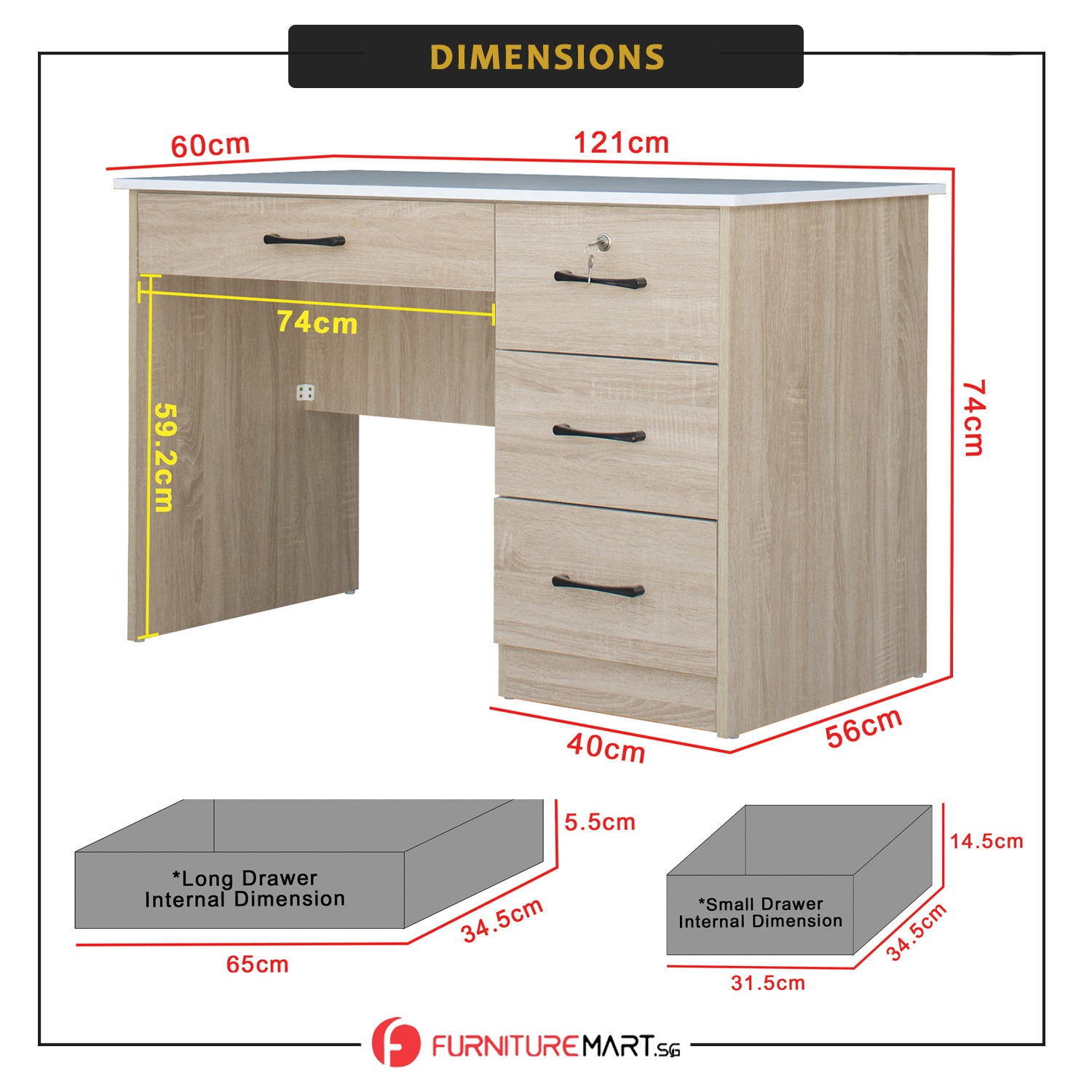 Paxx Study Computer Office Table with Drawer w/ Lock in 4 Colours