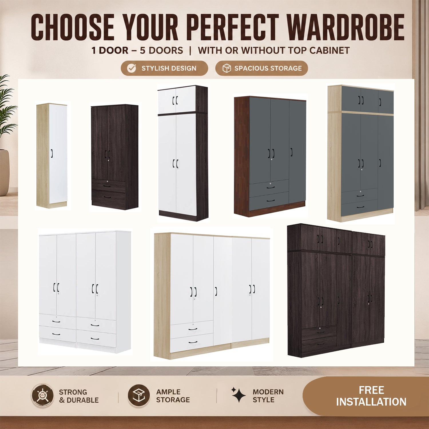 BERLIN CARB-P2 Certified Board 1-5 Door Tall Wardrobe with Drawers and Top Cabinet