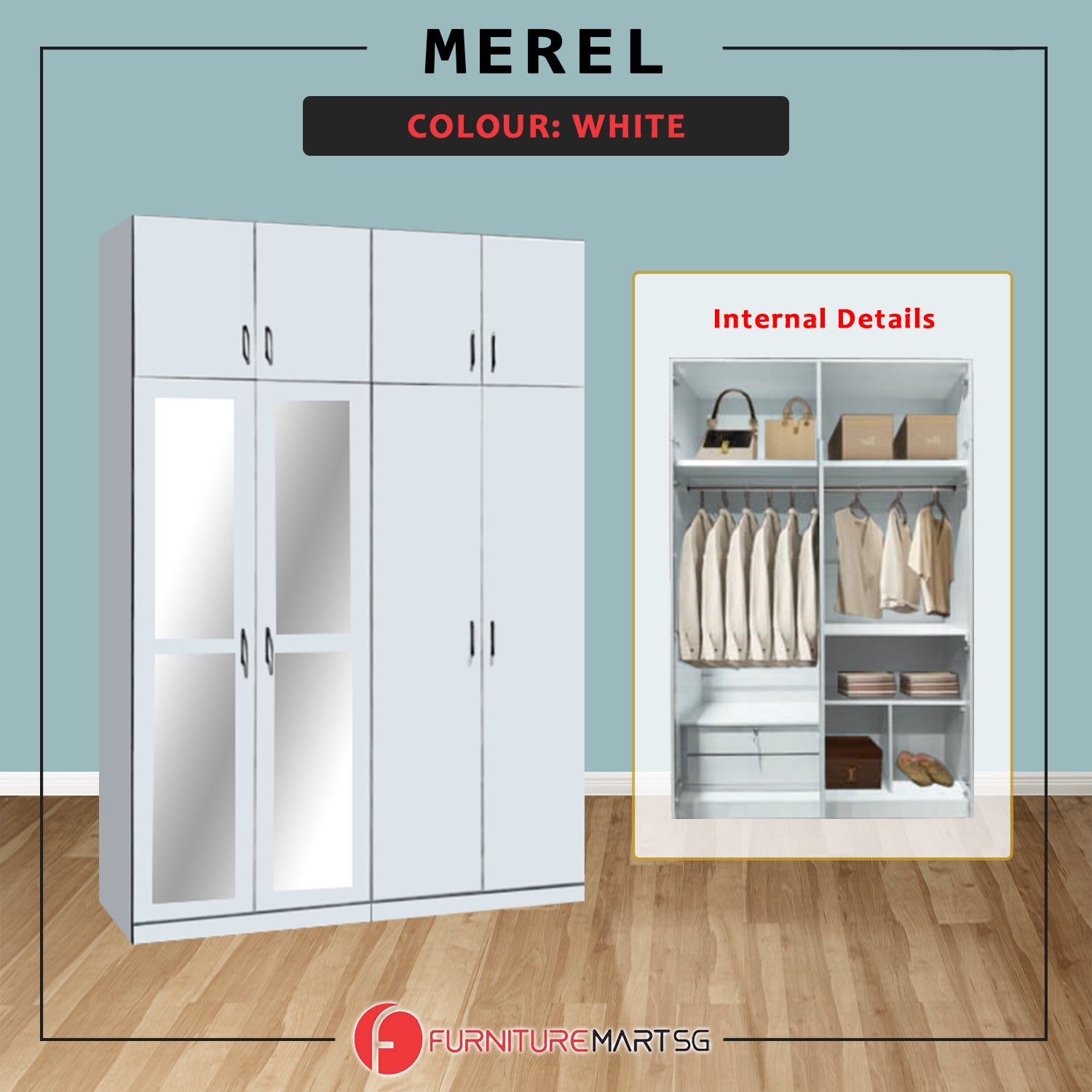 Merel 4-Doors Wardrobe with Internal Drawers and Top Cabinet in 3 Colours
