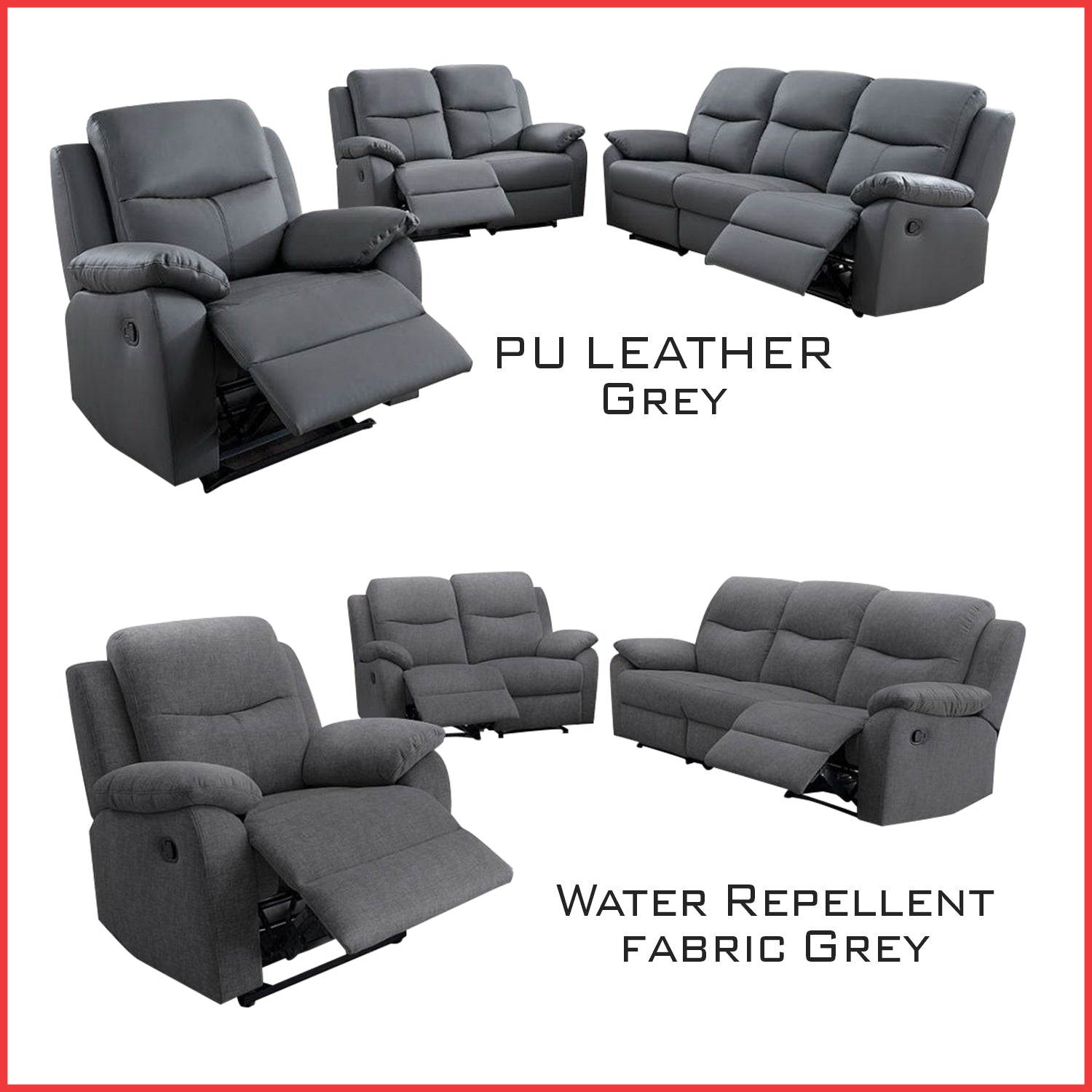 Umiye 1S/2S/3S Sofa Water Repellent Sofa in Grey PU Leather/Water Repellent Fabric