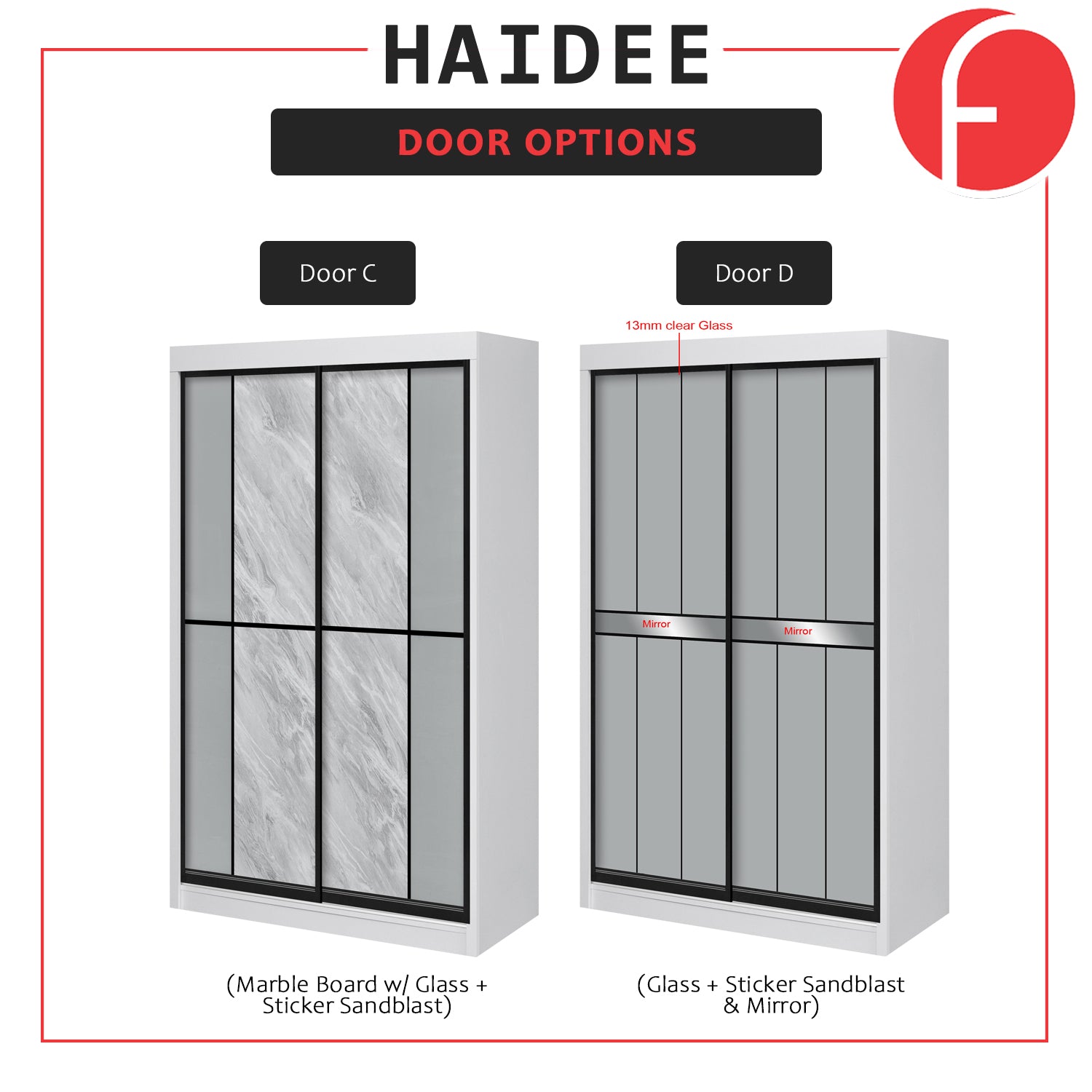 Haidee Series 2-Door Sliding Door Wardrobe in 5 Colors 7 Door Designs