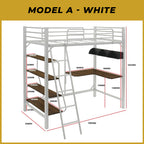 Frances A Single Metal Loft Bed Frame with Built-in Table and Shelves - w/ Mattress Option
