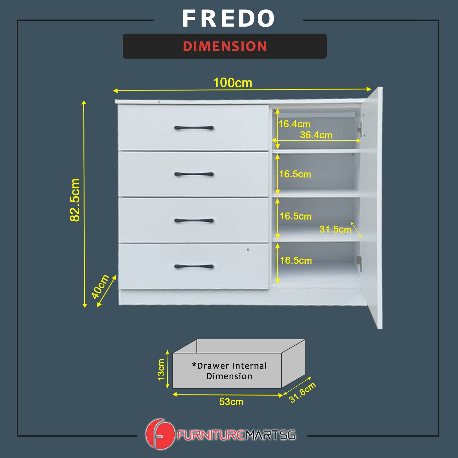 Fredo Premium Chest of Drawers with Cabinet Full Laminated Back Panel in 6 Colours