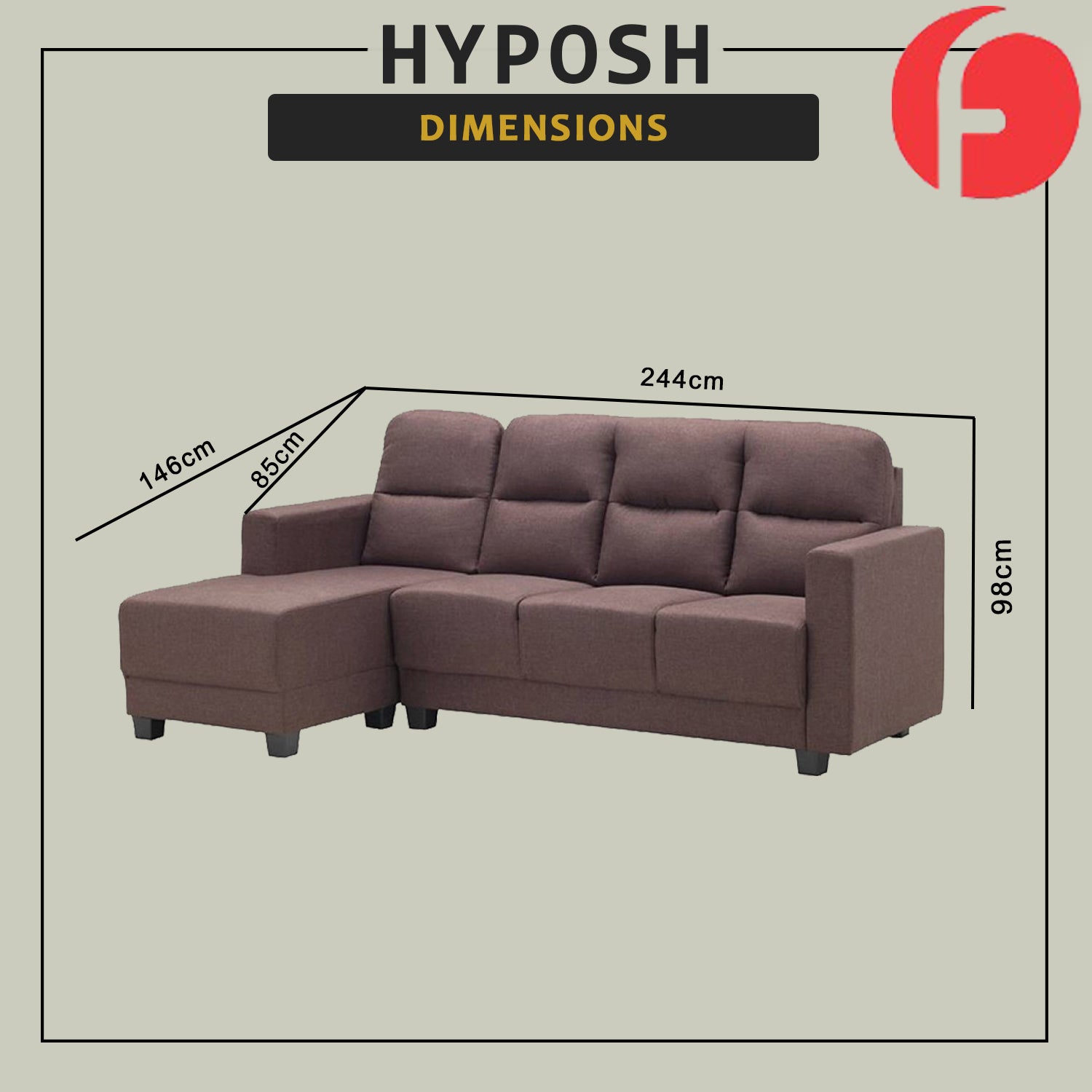 Hyposh L-Shaped Sofa Left/Right Chaise in 47 Colour -w/ PetFriendly Fabric/Leather
