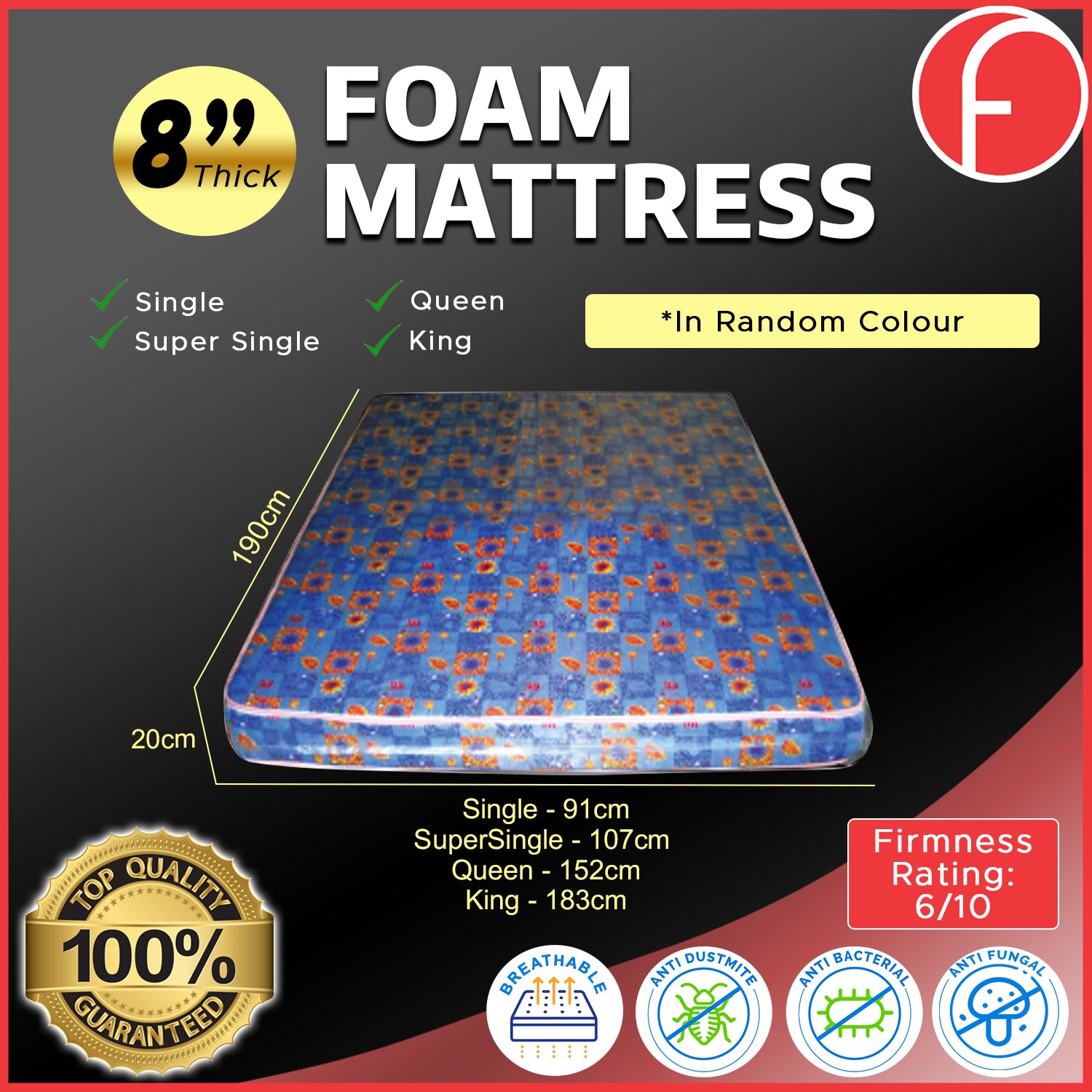 4"/6"/8" Comfort Foam Mattress High Density Foam Premium Quilt - All Sizes Available