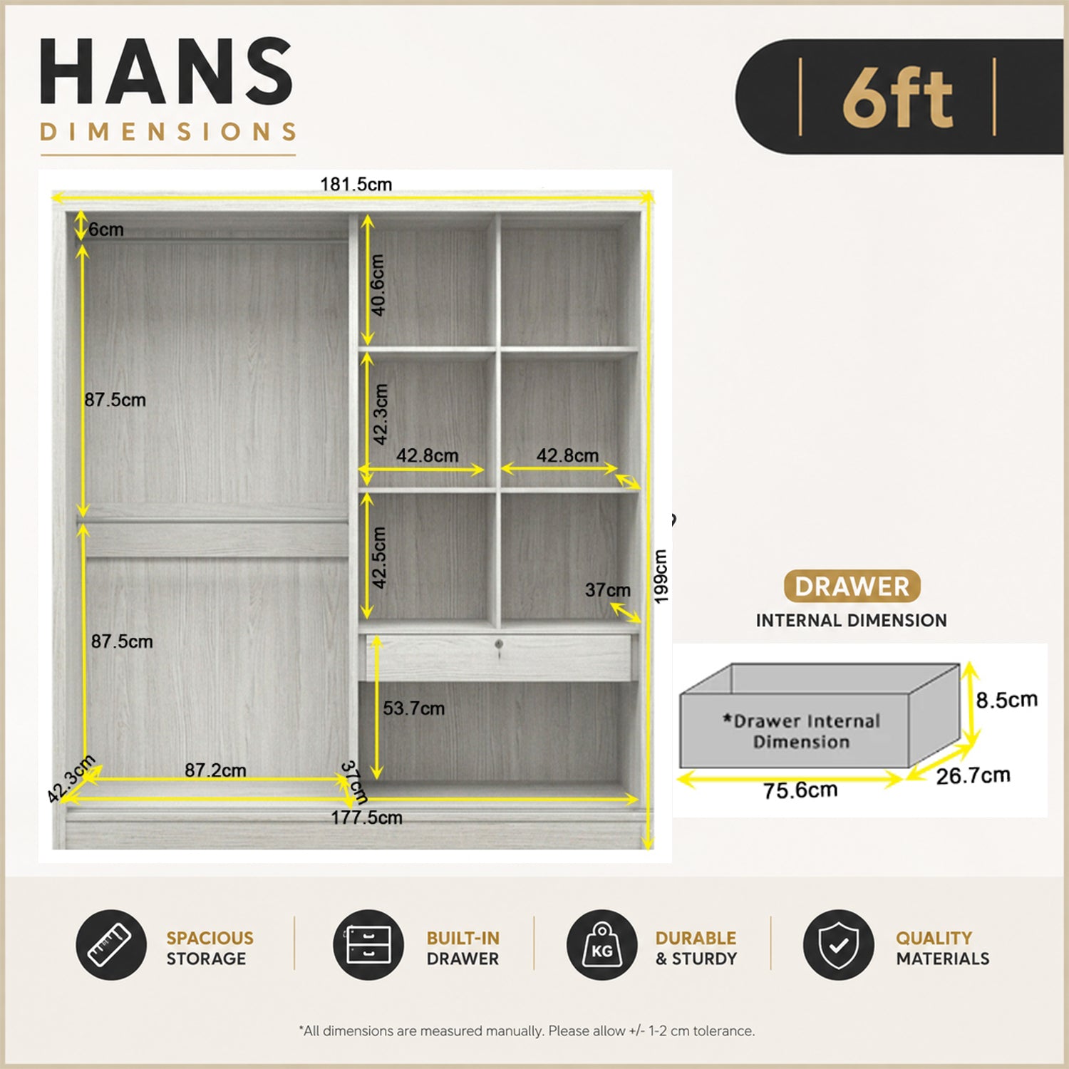 Hans 4FT/5FT/6FT 2-Door Sliding Door Wardrobe CARB-P2 Certified in White Wash or Black