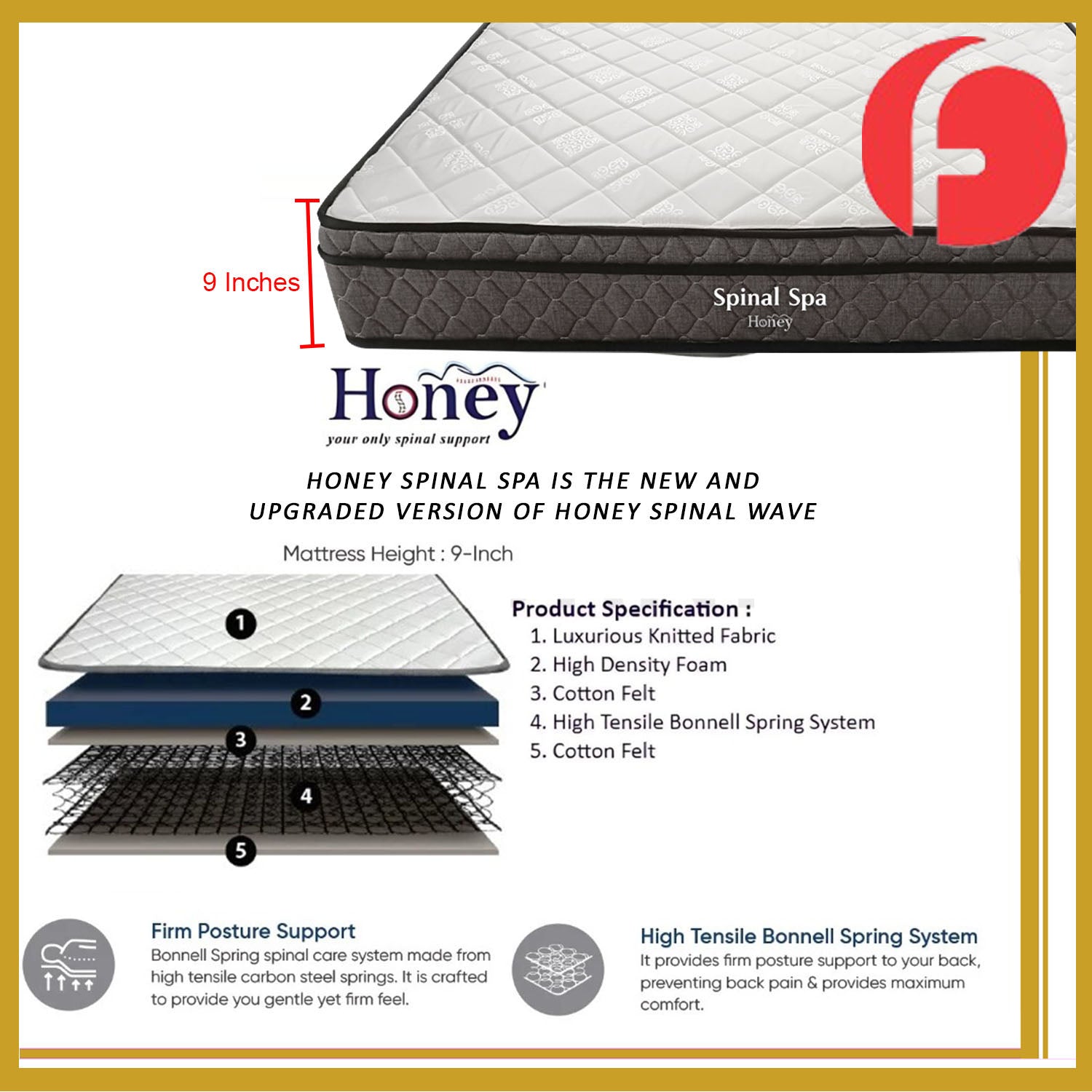 Honey Spinal Spa Firm Posture Support 9inch Spring Mattress. All Size Available