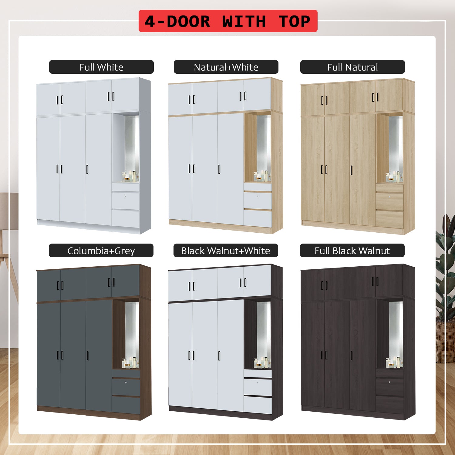 Sabine 4-Door Wardrobe Dresser with Top Combo with Mirror and Drawers in 6 Colours