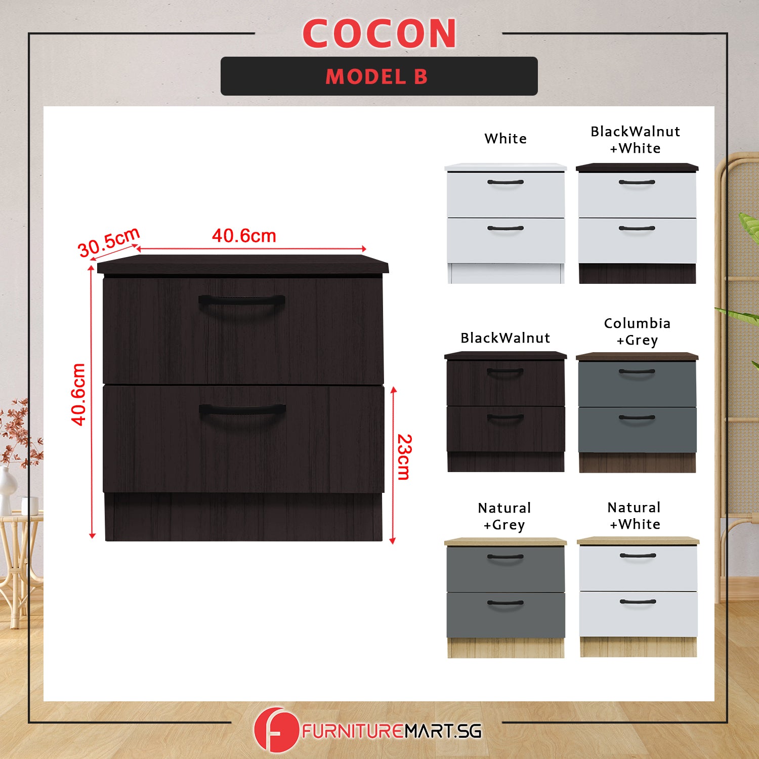 Cocon Premium Bedside Table 2-Drawer Full Laminated Back Panel in 6 Colours