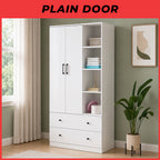 MIORI 2-Door Wooden Wardrobe Modern Clothes Cabinet with Hanging Rod, Drawer & Open Shelf