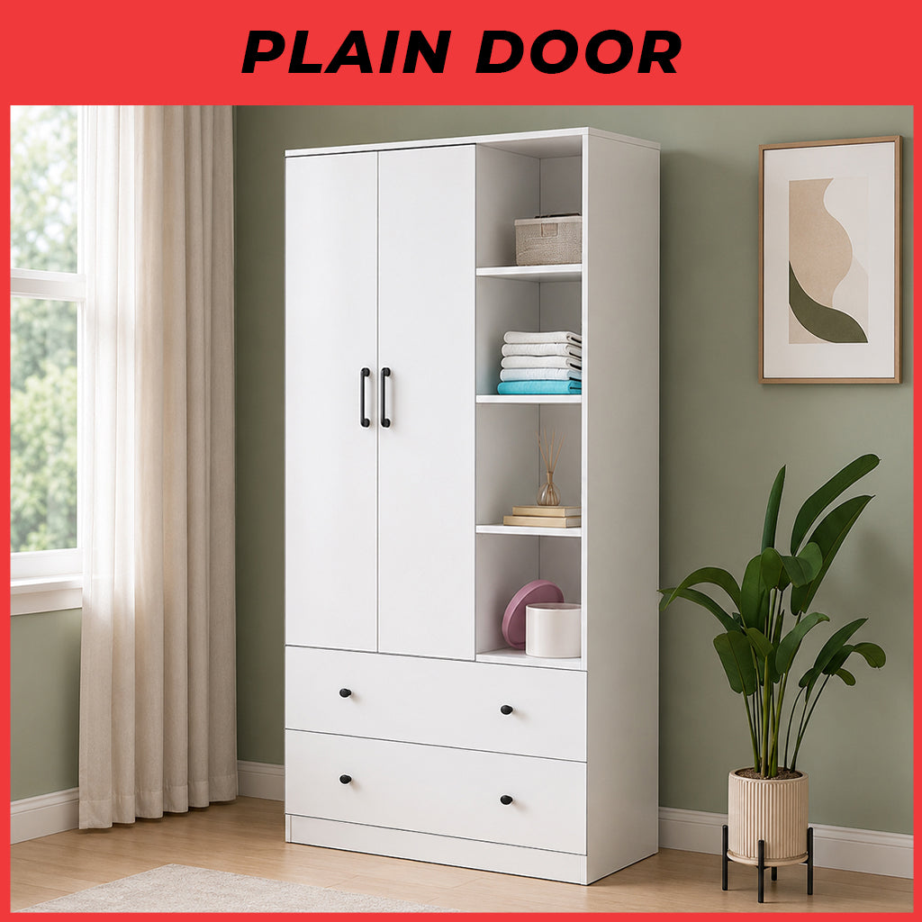 MIORI 2-Door Wooden Wardrobe Modern Clothes Cabinet with Hanging Rod, Drawer & Open Shelf