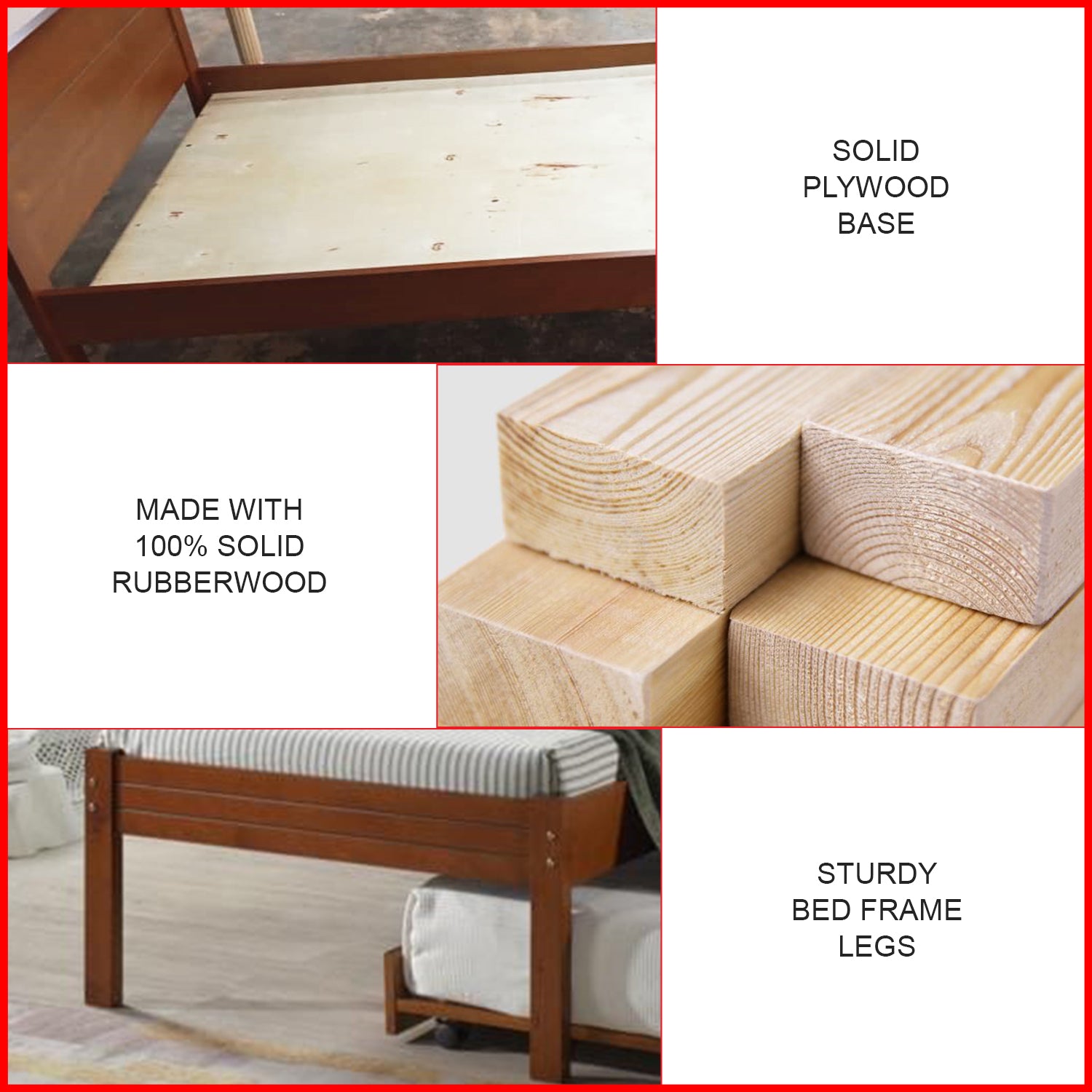 Fisla Solid Rubberwood Bed Frame Flat Plywood Base with Pull-out Bed in Single Mahogany Color w/ Mattress Option