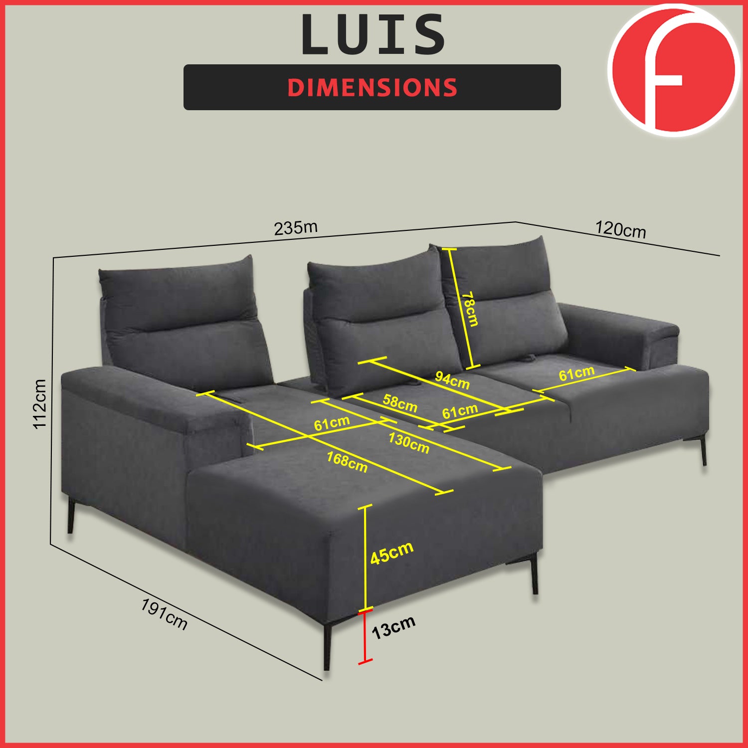 Luis Left/Right Push Back L-Shaped Sofa PetFriendly Fabric Pocket Spring  & Stain-Resist