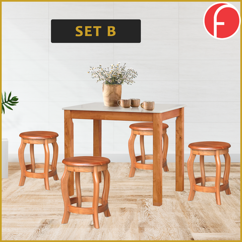 Image of Lucas Dining Set w/ Table and Stools 1+4 in Solid Wood Natural Marble Top Cherry/Walnut