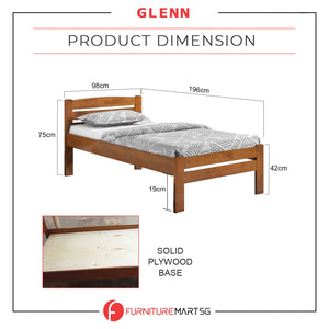 Glenn Single Size Solid Rubberwood Bed Frame Flat Plywood Base w/ Mattress Option