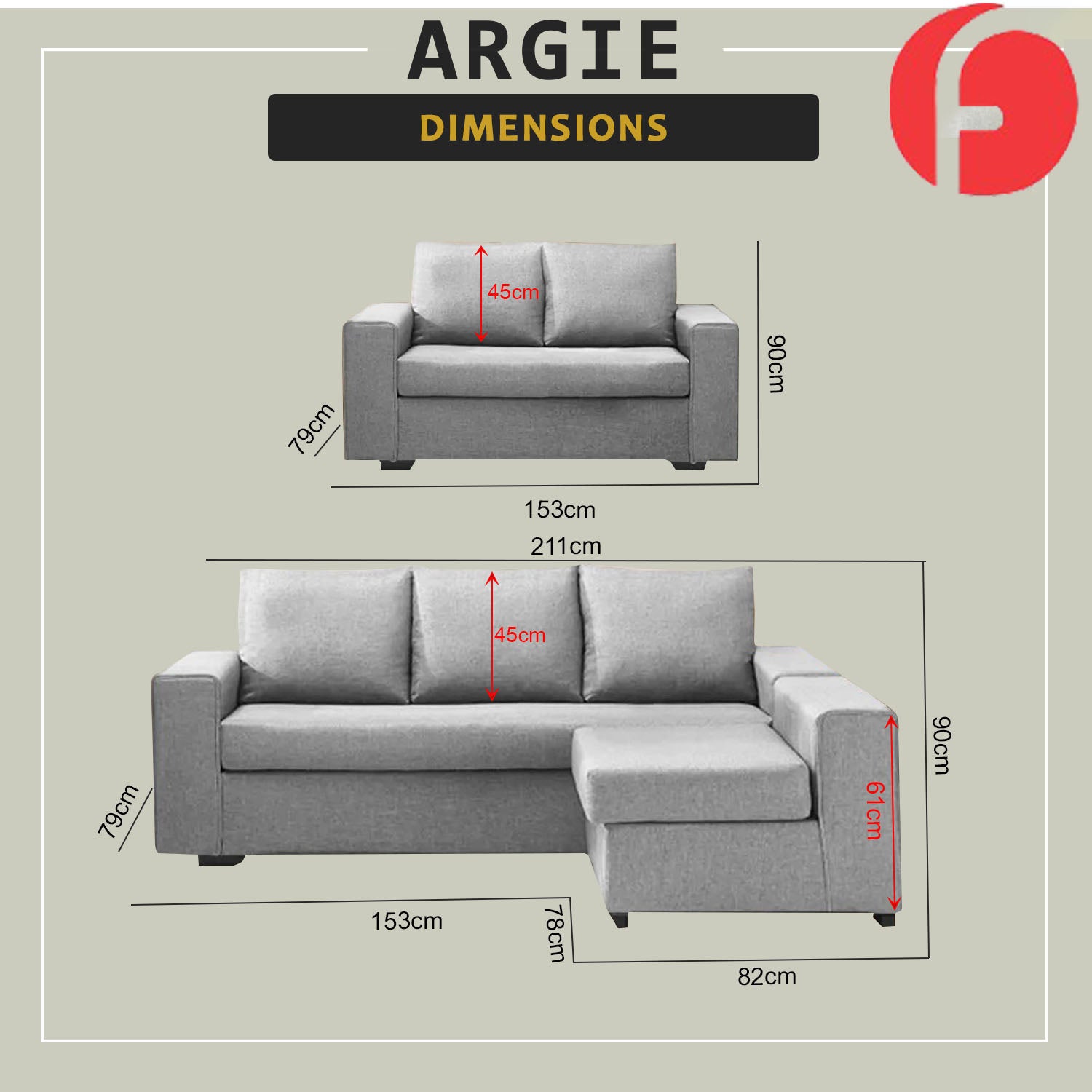 Argie 3-Seater L-Shaped Sofa with Stool High Density Foam w/ PetFriendly Options