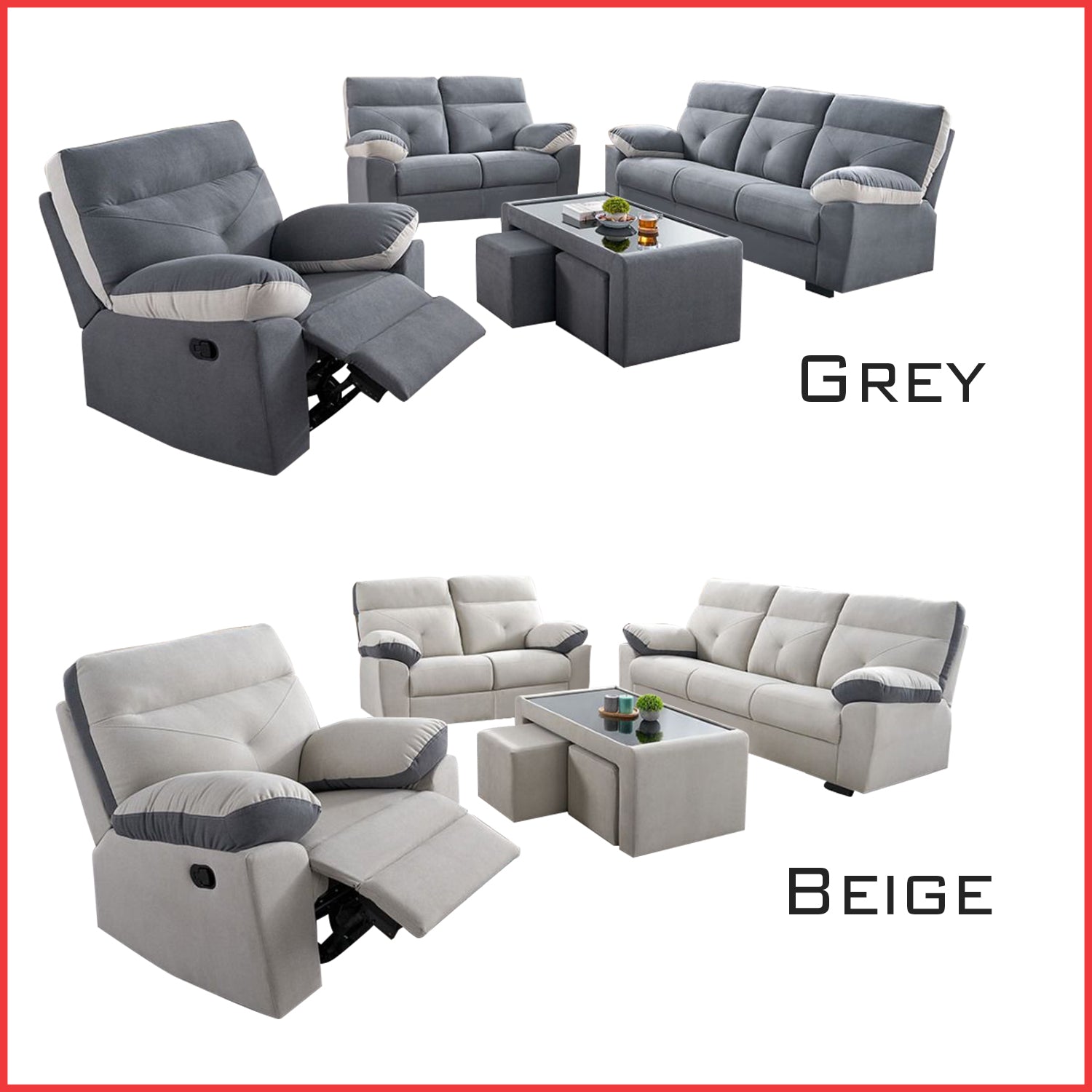 Tanji 1S Recliner 2S/3S Sofa and Coffee Table with Stool Set - PetFriendly in 2 Colours