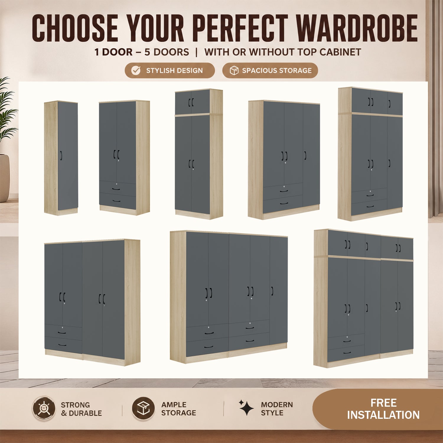 Florence CARB-P2 Certified Board 1-5 Doors Tall Wardrobe with Drawers and Top Cabinet