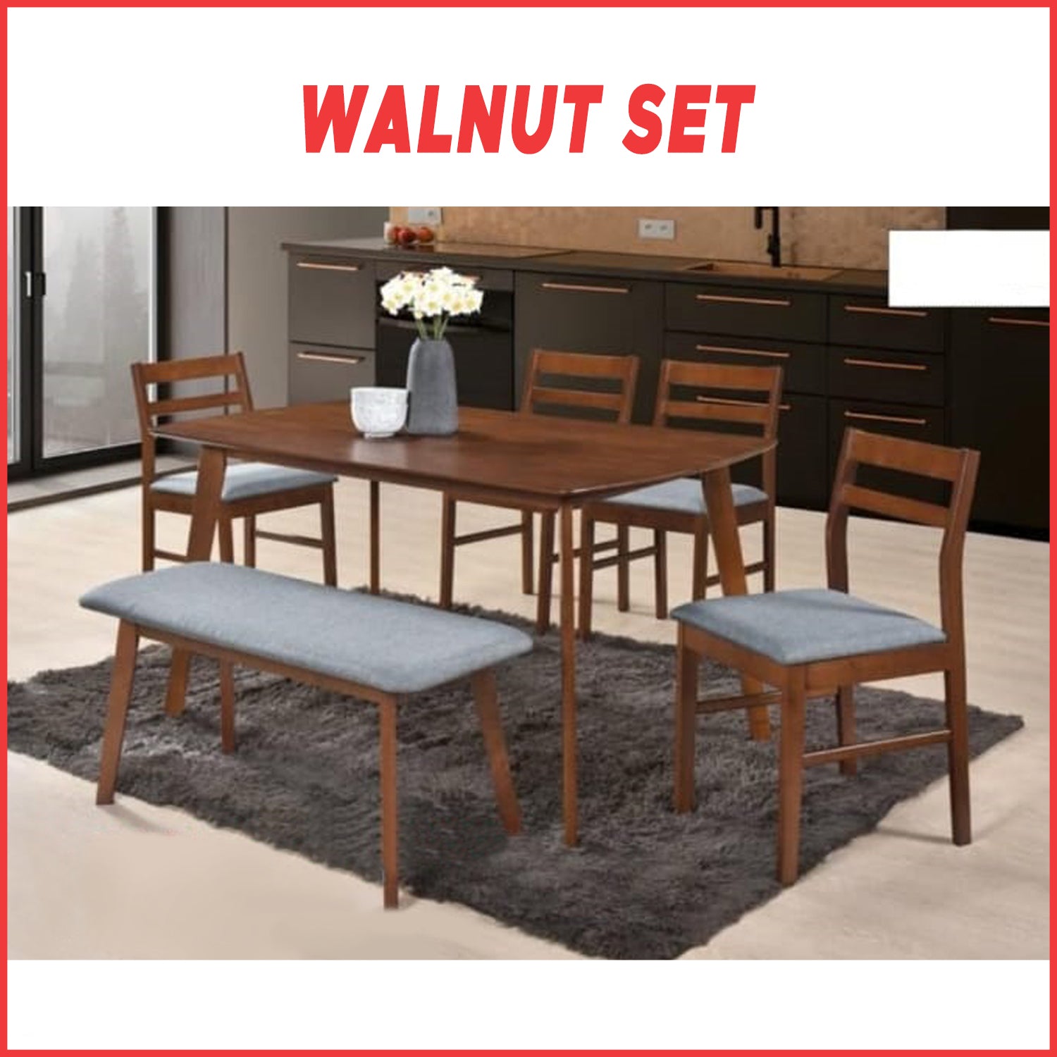 PAULA Solid Wood Dining Set Table with Chair and Bench - Available in White Wash and Walnut Colour